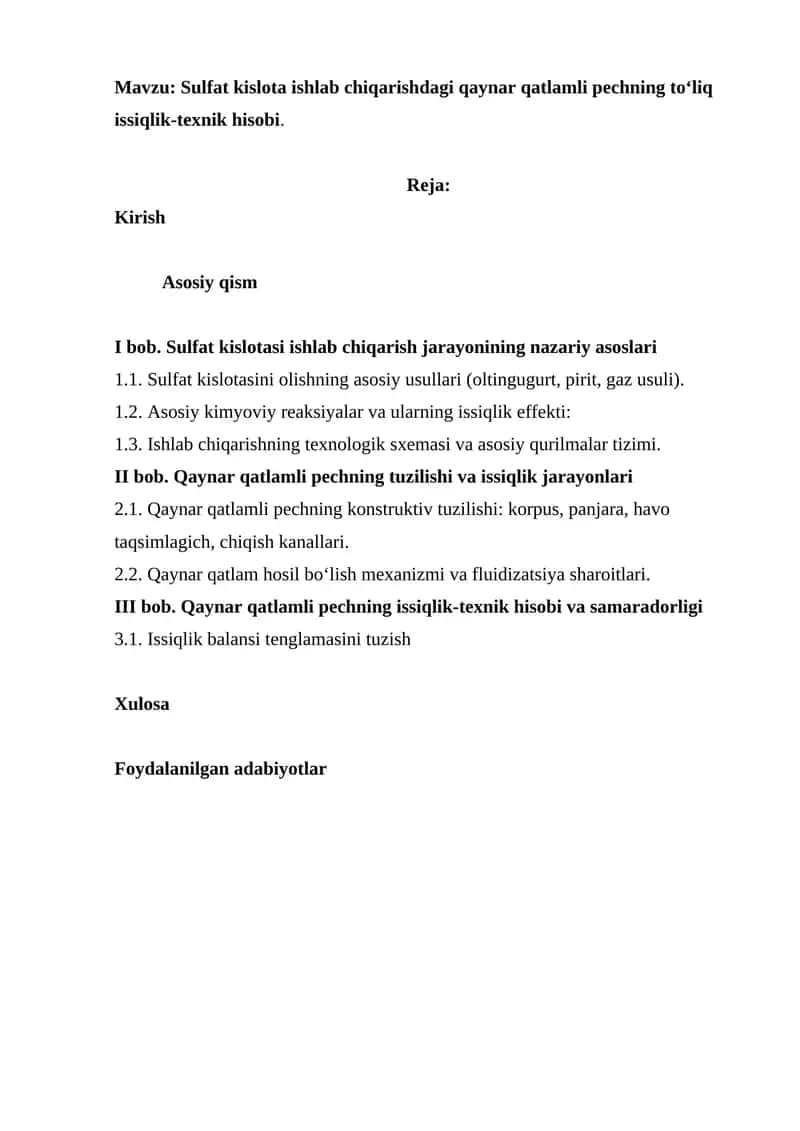 Sulfat kislota ishlab chiqarishdagi qaynar qatlamli pechning to‘liq issiqlik-texnik hisobi 1