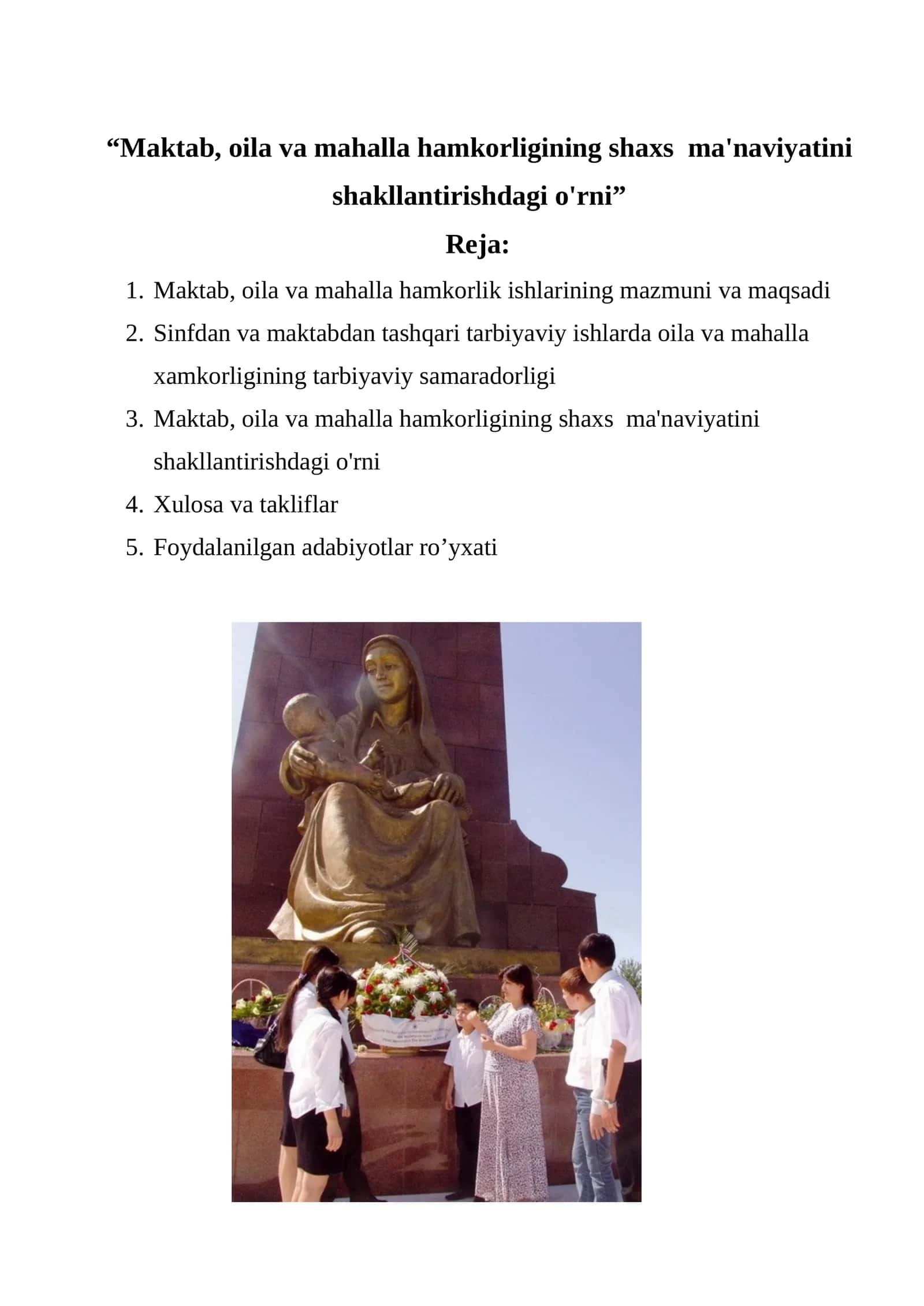MAKTAB, OILA VA MAHALLA HAMKORLIK ISHLARINING MAZMUNI 1