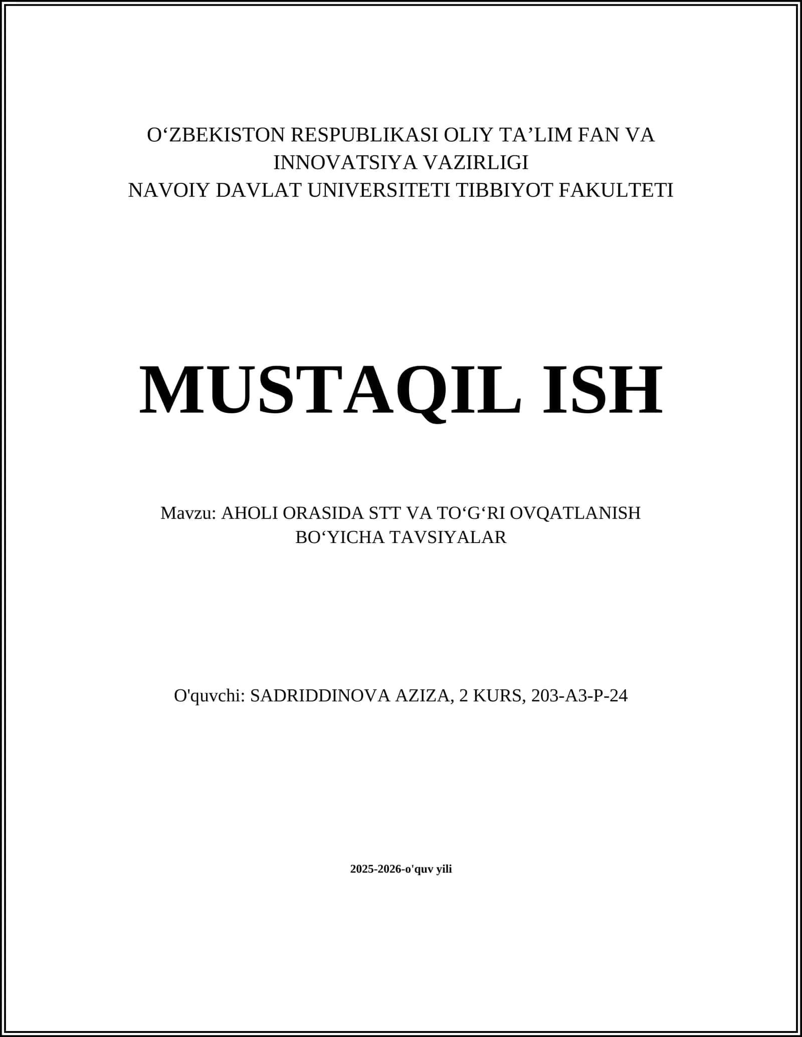 AHOLI ORASIDA STT VA TOʻGʻRI OVQATLANISH BOʻYICHA TAVSIYALAR 1