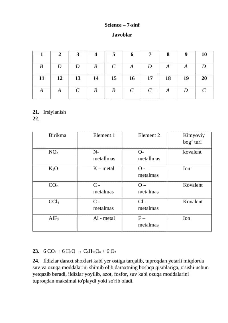 Science – 7-sinf Javoblar 1