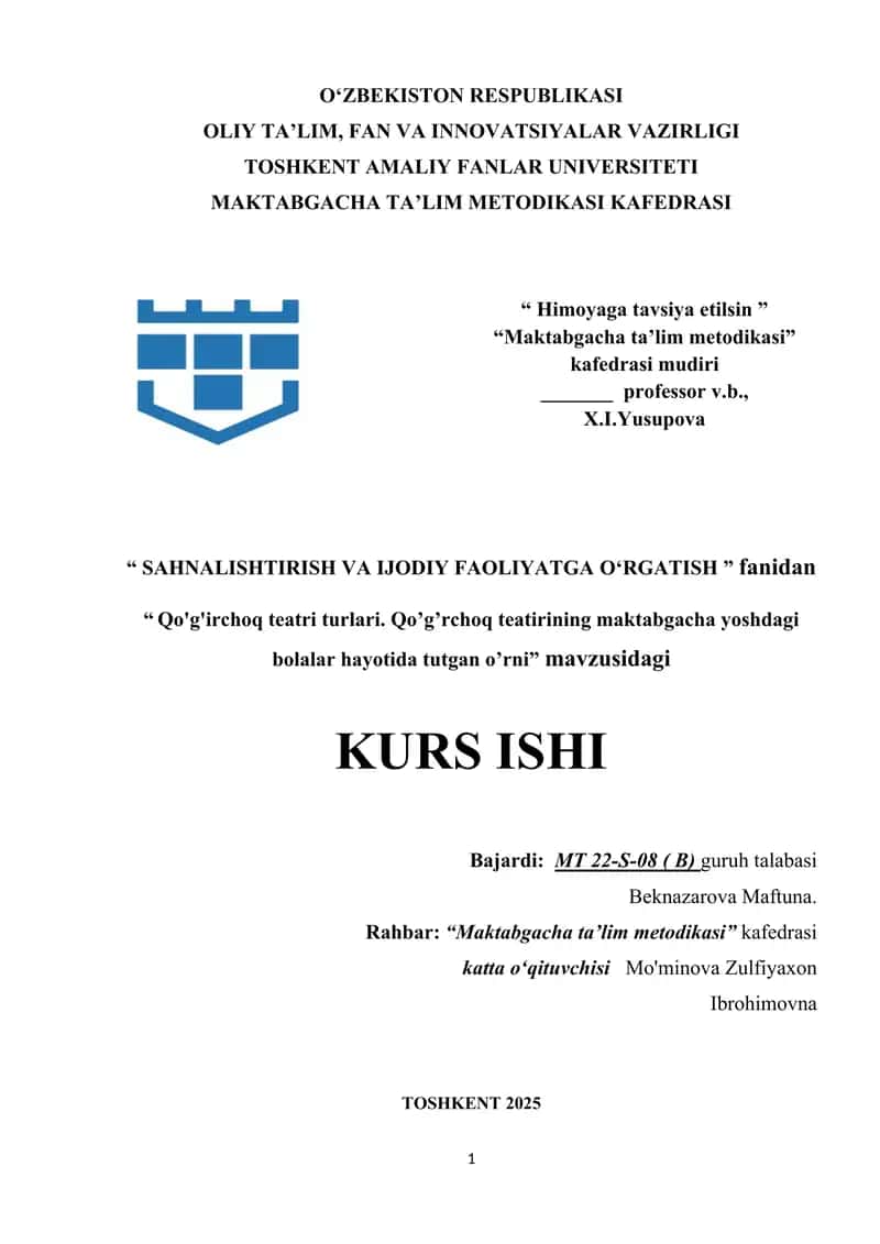 Qo'g'irchoq teatri turlari. Qo’g’rchoq teatirining maktabgacha yoshdagi bolalar hayotida tutgan o'rni 1