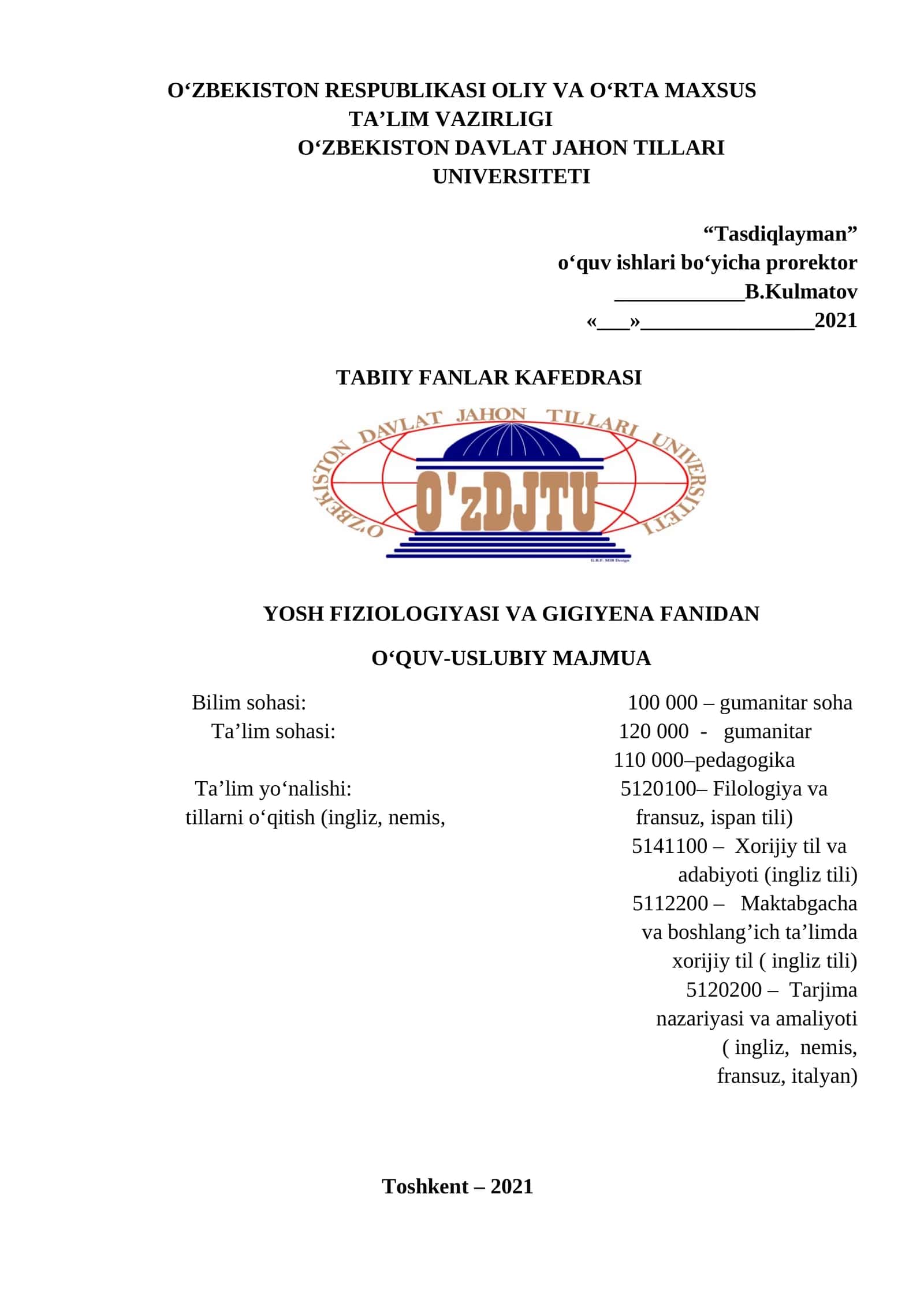 YOSH FIZIOLOGIYASI VA GIGIYENA FANIDAN O‘QUV-USLUBIY MAJMUA 1