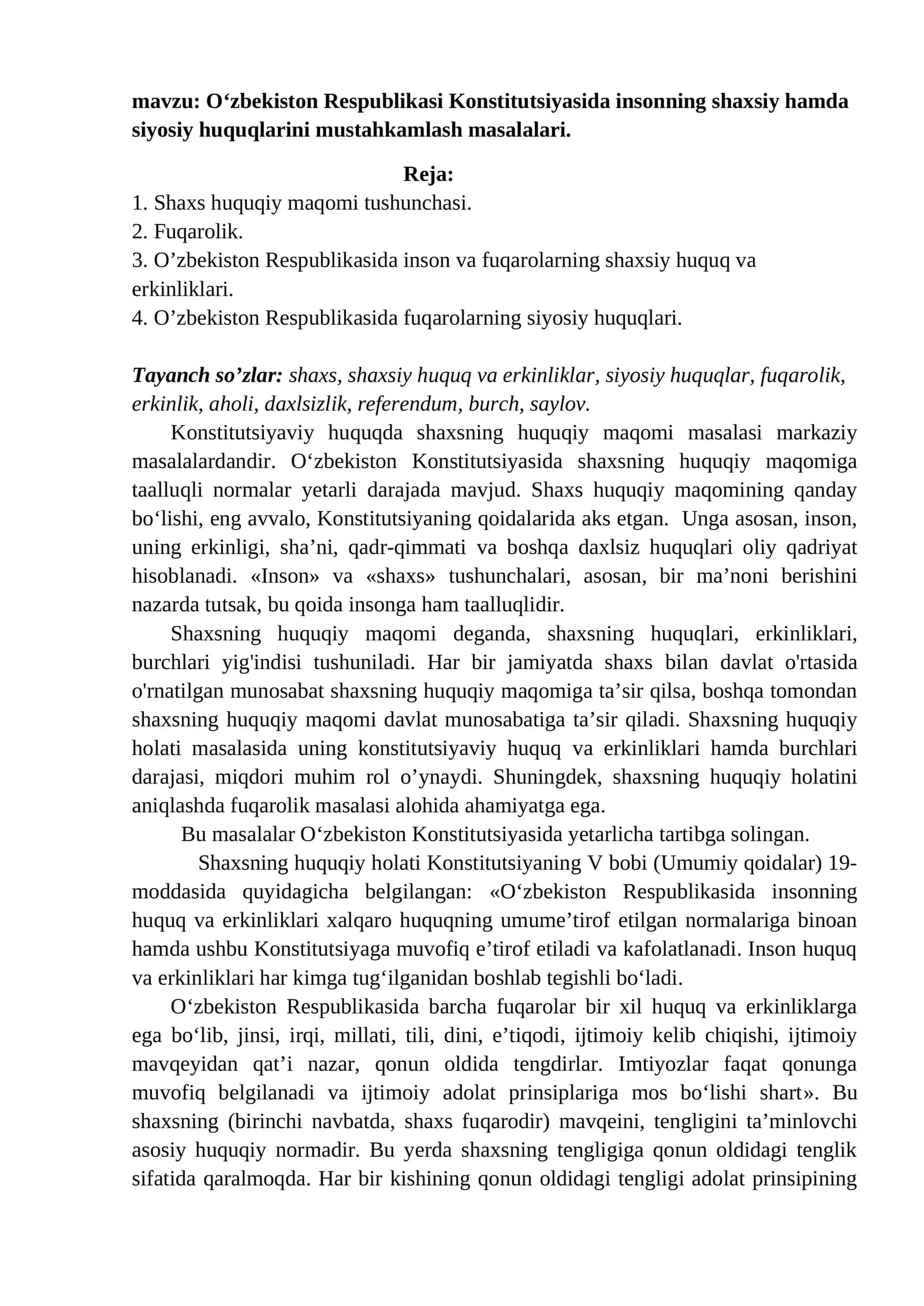 O'zbekiston Respublikasi Konstitutsiyasida Insonning Shaxsiy va Siyosiy Huquqlari 1