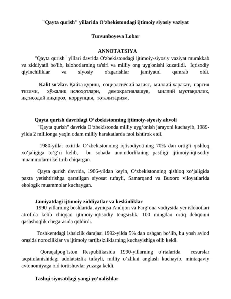 "Qayta qurish" yillarida O'zbekistondagi ijtimoiy siyosiy vaziyat 1