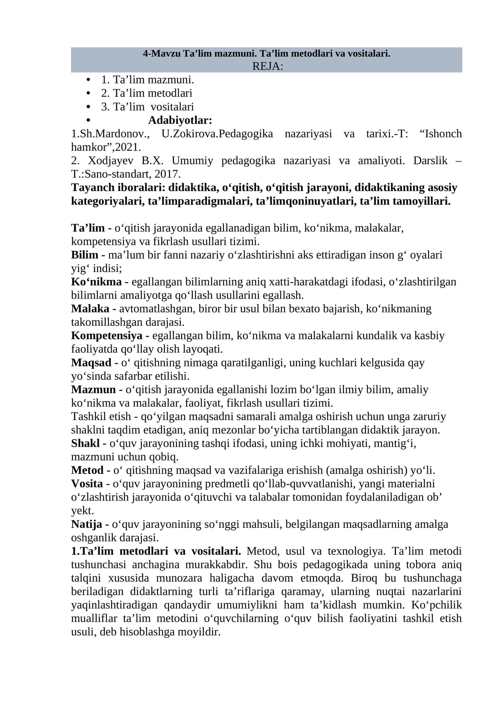 Ta'lim metodlari va vositalari 1