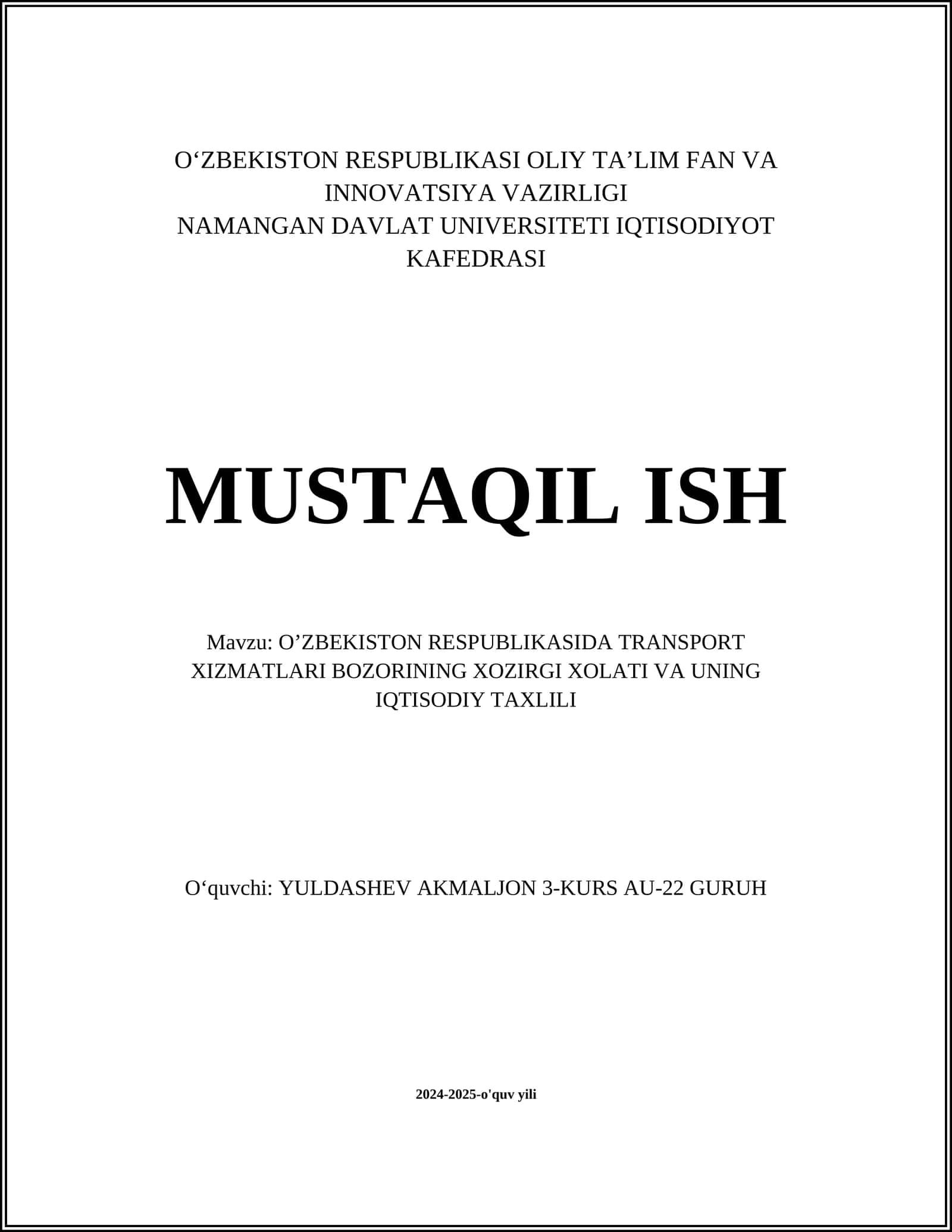 O’ZBЕKISTОN RЕSPUBLIKАSIDА TRАNSPОRT ХIZMАTLАRI BОZОRINING ХОZIRGI ХОLАTI VА UNING IQTISОDIY TАХLILI 1
