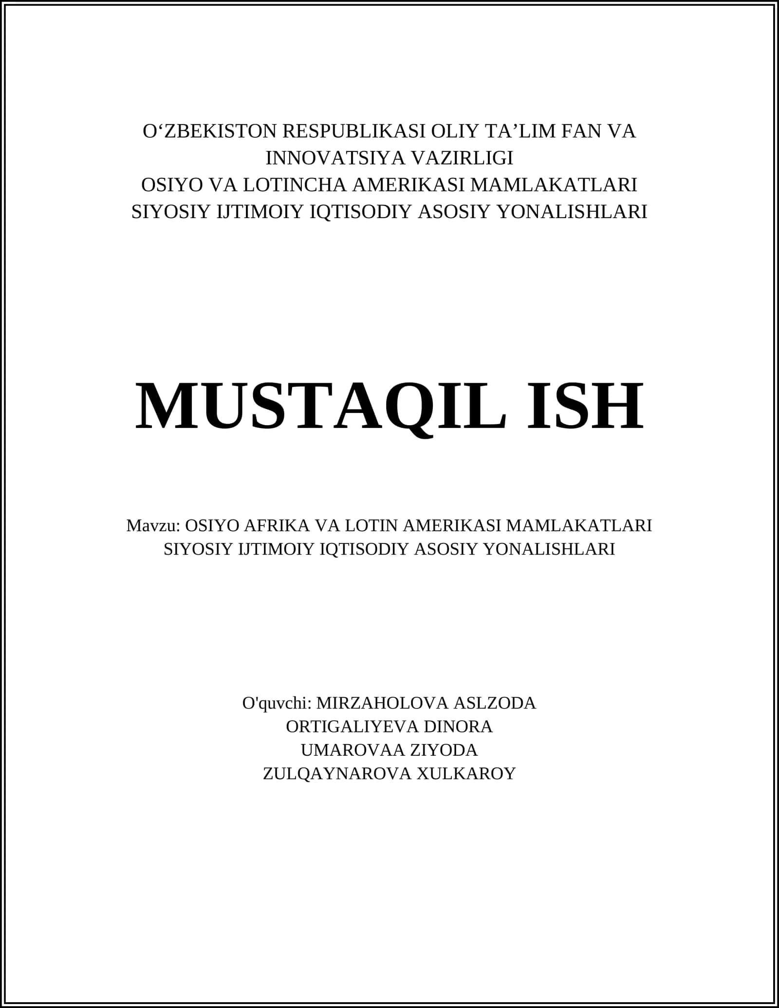 OSIYO AFRIKA VA LOTIN AMERIKASI MAMLAKATLARI SIYOSIY IJTIMOIY IQTISODIY ASOSIY YONALISHLARI 1
