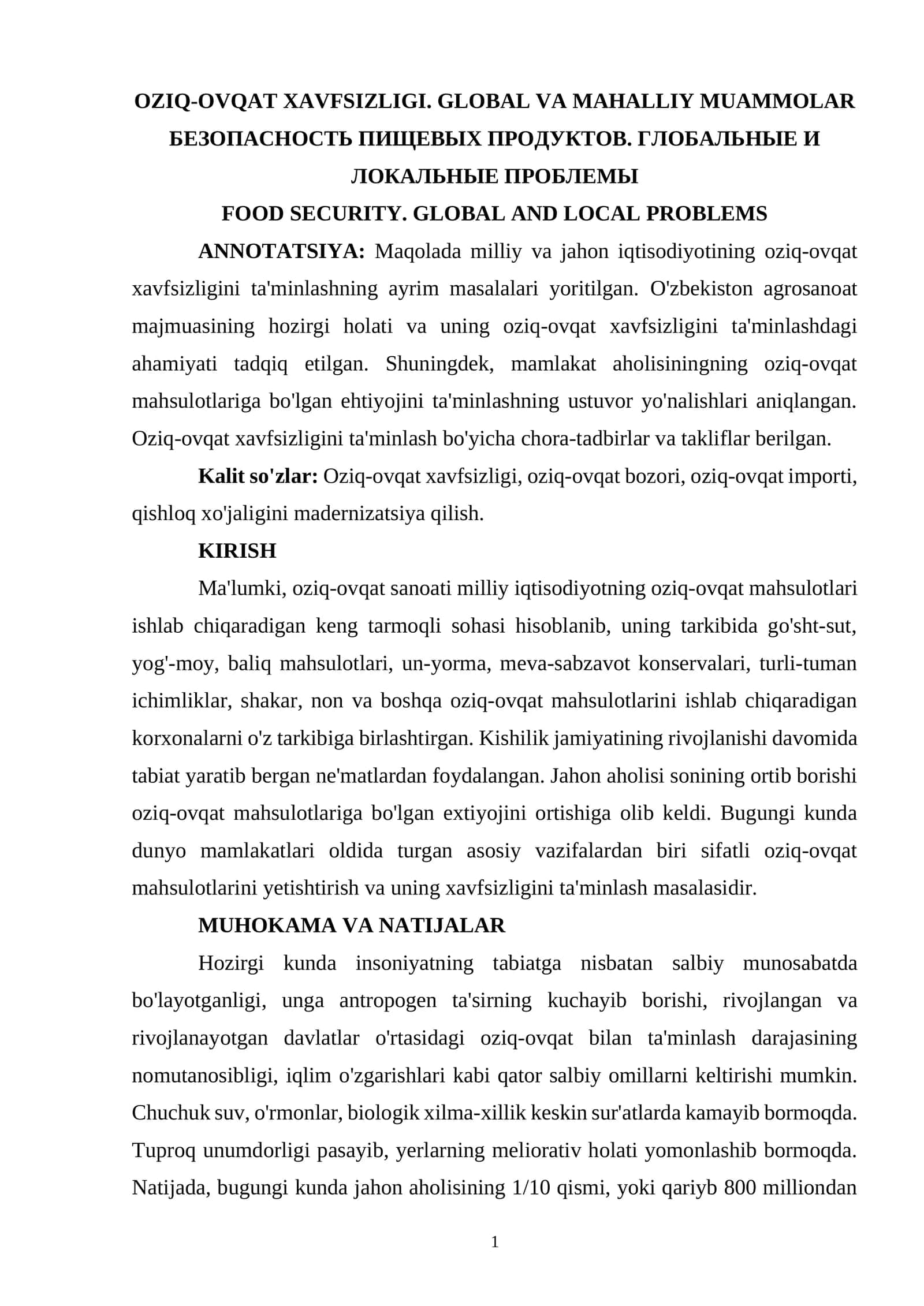 OZIQ-OVQAT XAVFSIZLIGI. GLOBAL VA MAHALLIY MUAMMOLAR 1