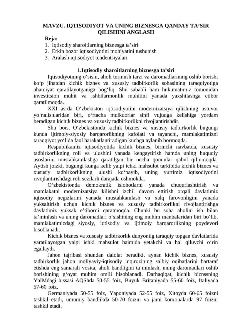 Iqtisodiyot va uning biznesga qanday ta’sir qilishini anglash 1