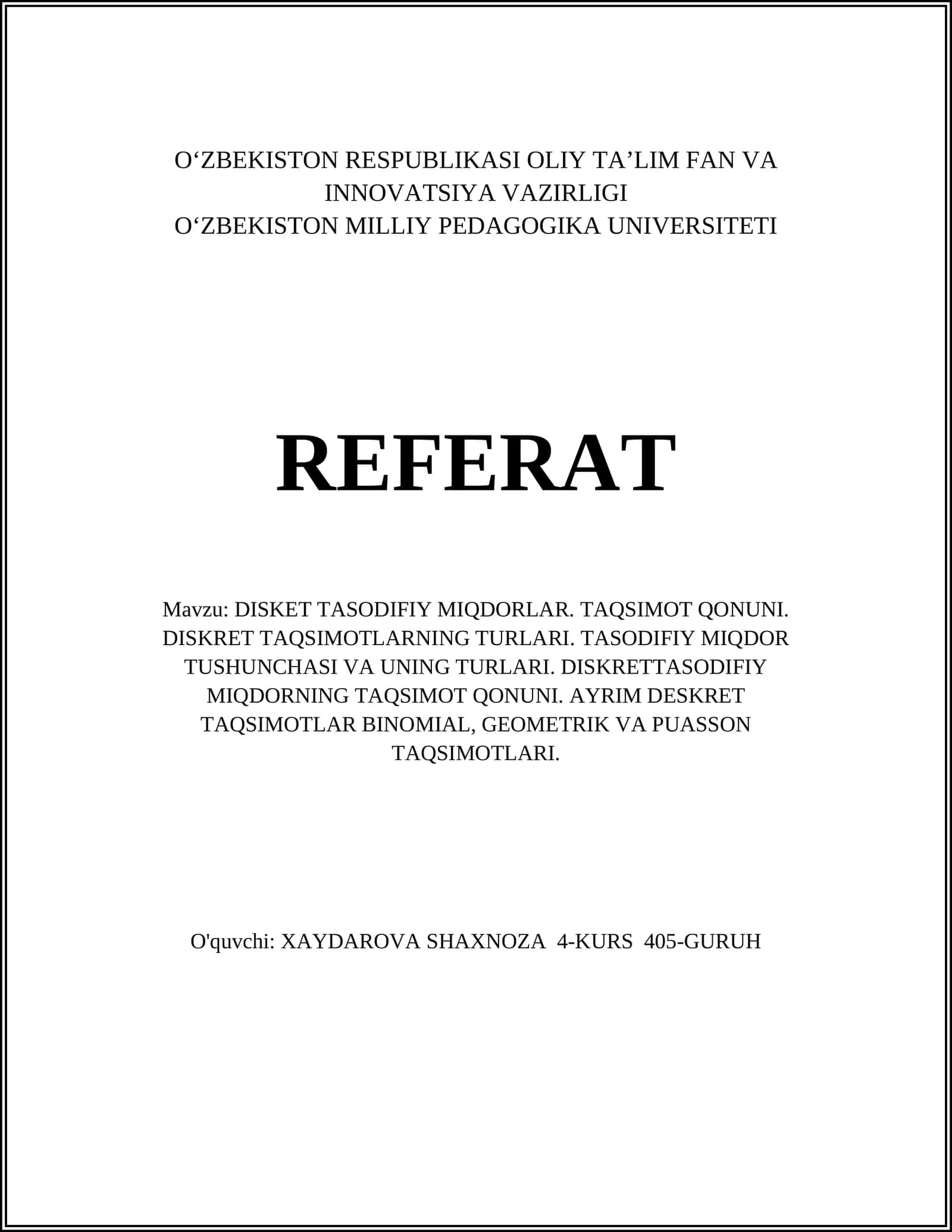 DISKRET TASODIFIY MIQDORLAR 1