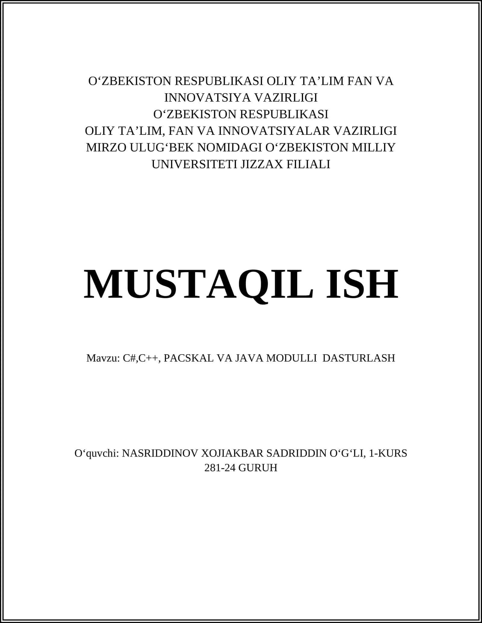C#,C++, PACSKAL VA JAVA MODULLI DASTURLASH 1