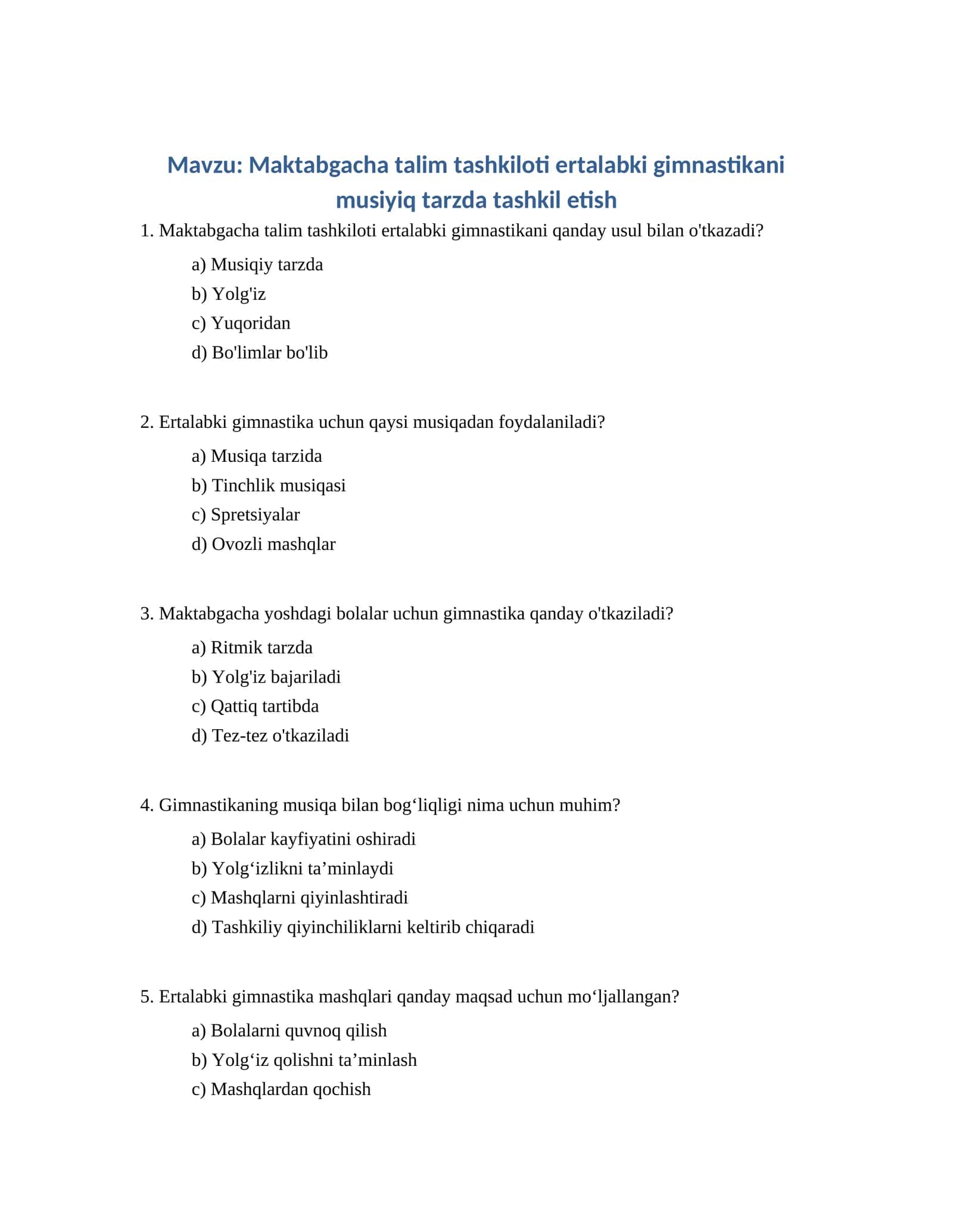 Maktabgacha talim tashkiloti ertalabki gimnastikani musiyiq tarzda tashkil etish 1