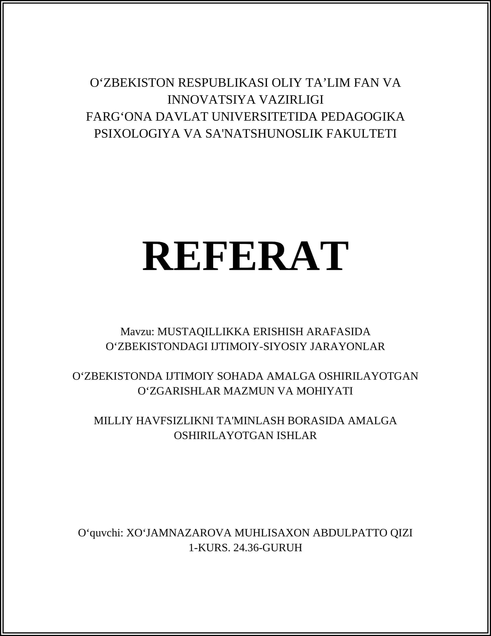 MUSTAQILLIKKA ERISHISH ARAFASIDA OʻZBEKISTONDAGI IJTIMOIY-SIYOSIY JARAYONLAR 1