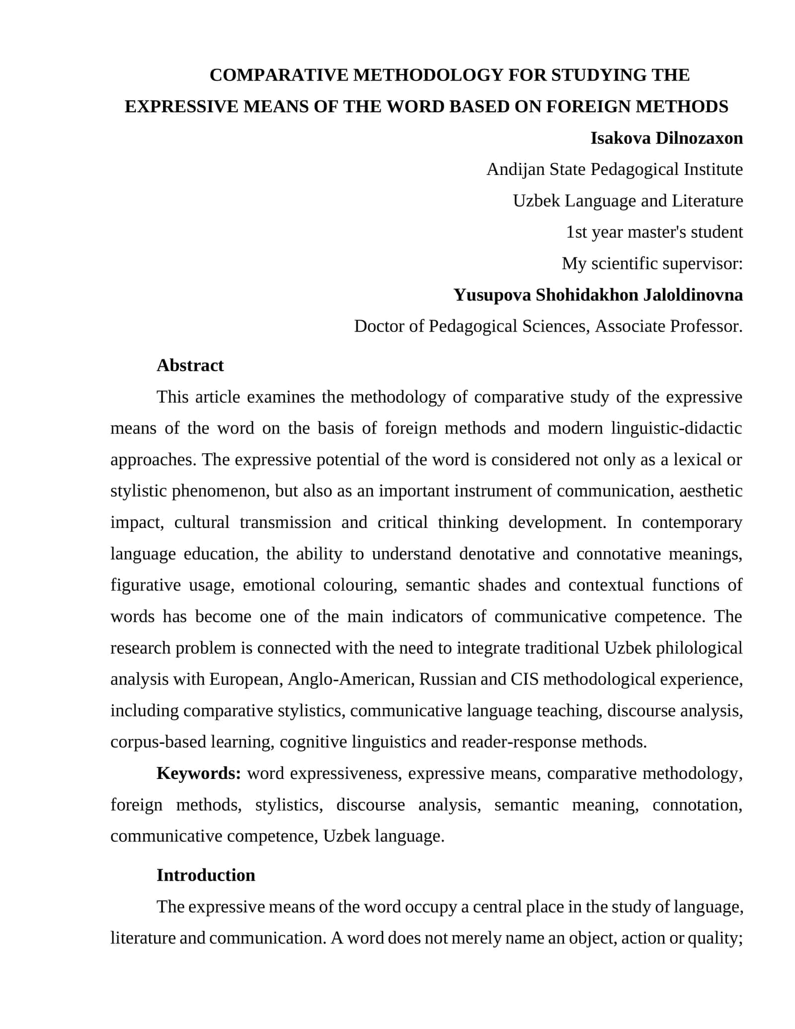COMPARATIVE METHODOLOGY FOR STUDYING THE EXPRESSIVE MEANS OF THE WORD BASED ON FOREIGN METHODS 1