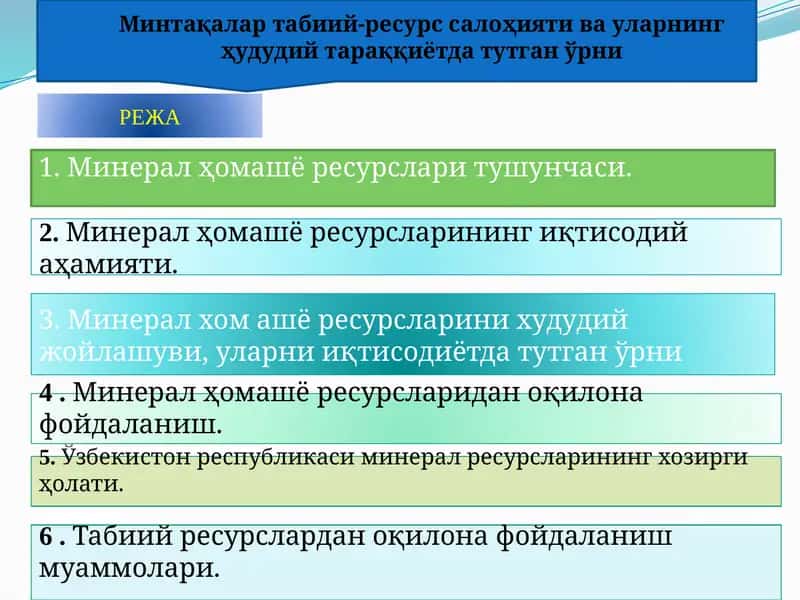 Минтақалар табиий-ресурс салоҳияти ва уларнинг ҳудудий тараққиётда тутган ўрни 1