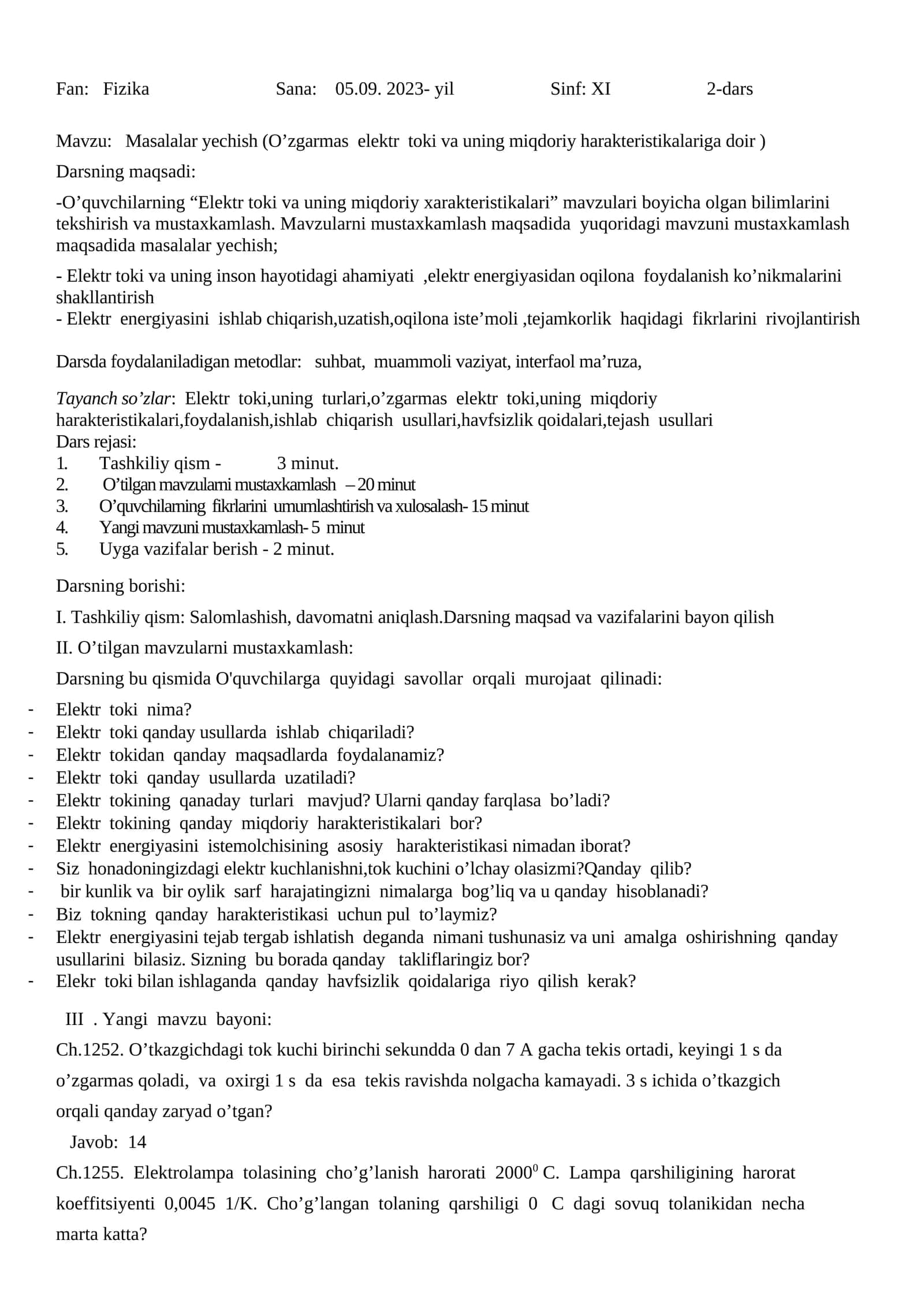 Masalalar yechish (O’zgarmas elektr toki va uning miqdoriy harakteristikalariga doir) 1