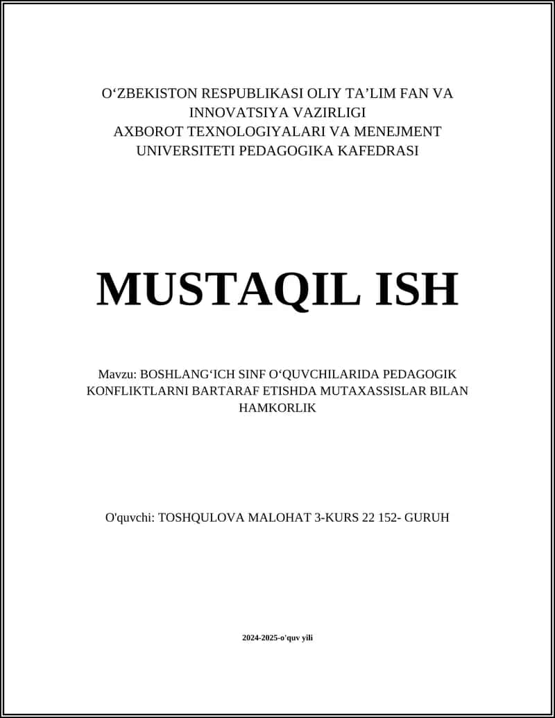 BOSHLANGʻICH SINF OʻQUVCHILARIDA PEDAGOGIK KONFLIKTLARNI BARTARAF ETISHDA MUTAXASSISLAR BILAN HAMKORLIK 1