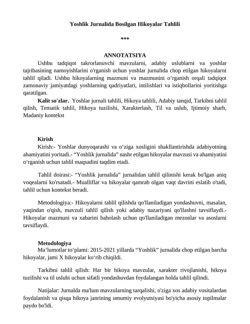 Yoshlik Jurnalida Bosilgan Hikoyalar Tahlili 1