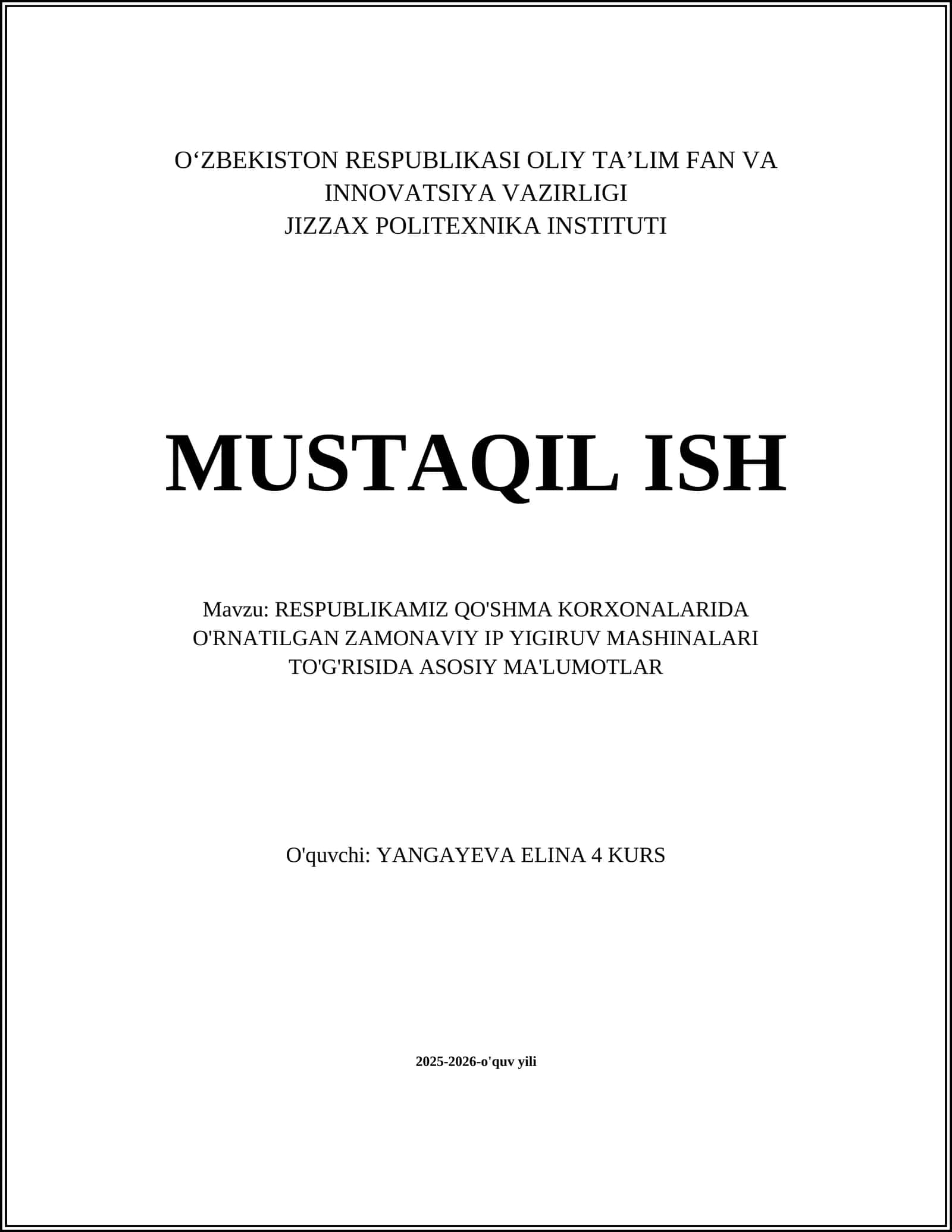 RESPUBLIKAMIZ QO'SHMA KORXONALARIDA O'RNATILGAN ZAMONAVIY IP YIGIRUV MASHINALARI TO'G'RISIDA ASOSIY MA'LUMOTLAR 1