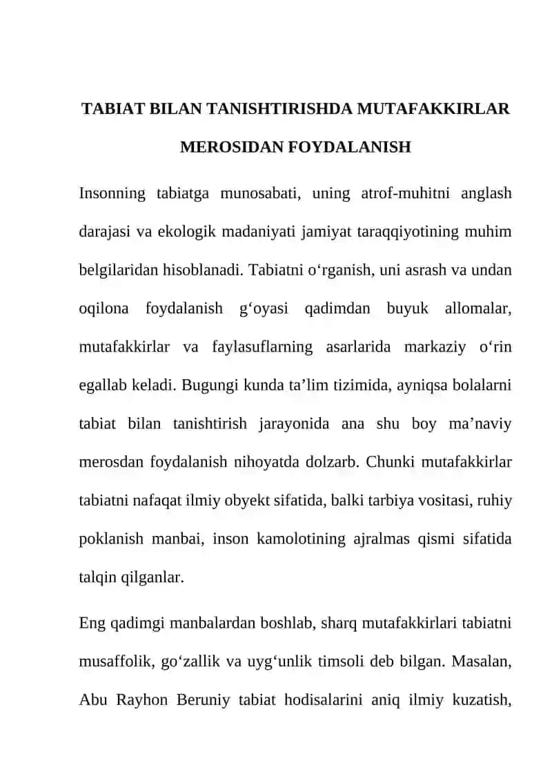 TABIAT BILAN TANISHTIRISHDA MUTAFAKKIRLAR MEROSI 1