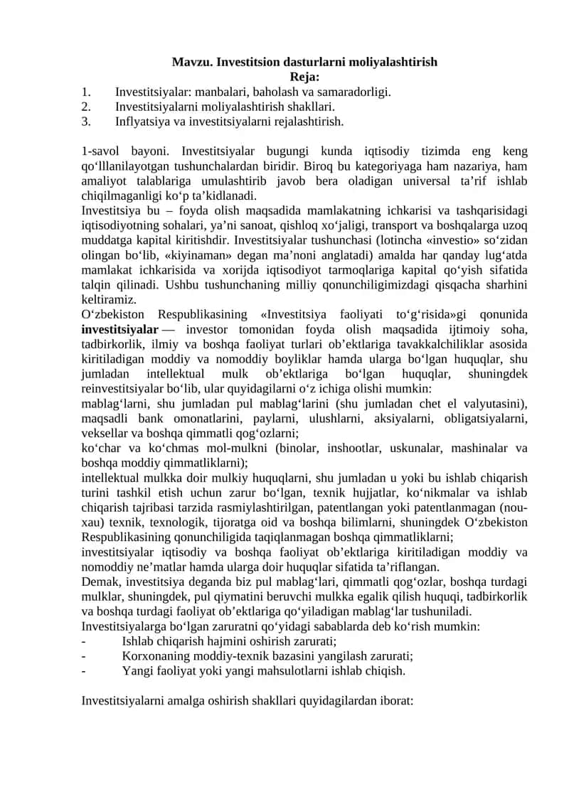 Investitsion dasturlarni moliyalashtirish 1