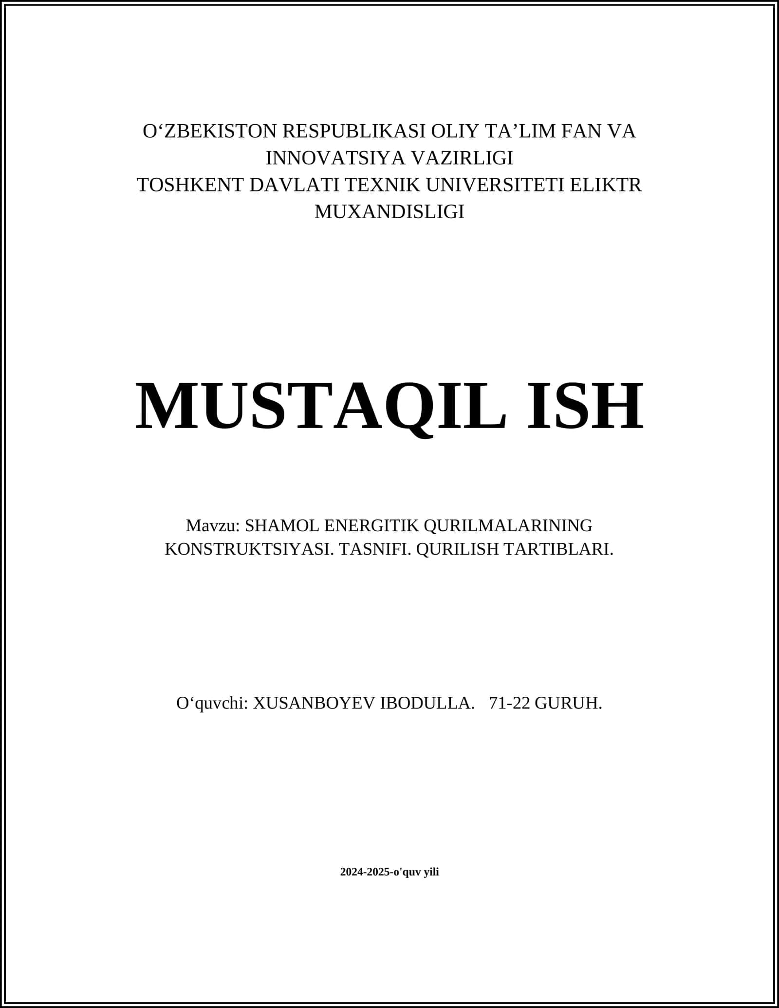 SHAMOL ENERGITIK QURILMALARINING KONSTRUKTSIYASI. TASNIFI. QURILISH TARTIBLARI 1