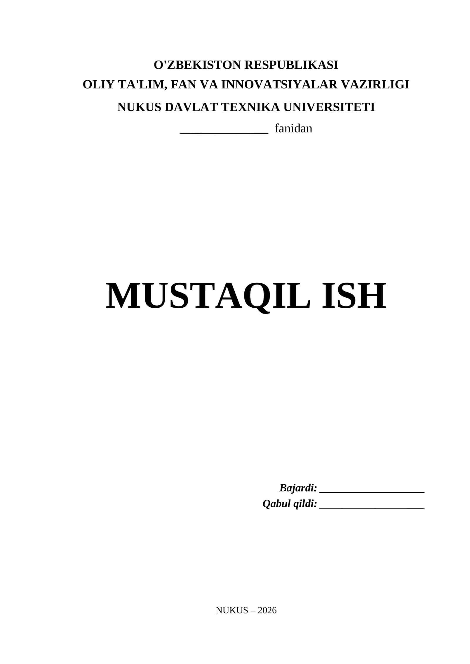Namangan Davlat Texnika Universiteti Mustaqil Ish Titul Varaq (.docx) 1