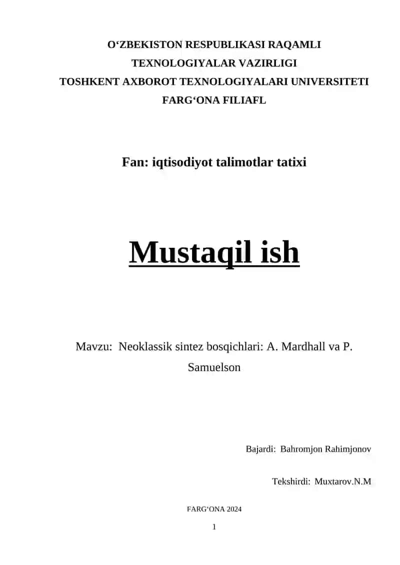 Neoklassik sintez bosqichlari: A. Mardhall va P. Samuelson