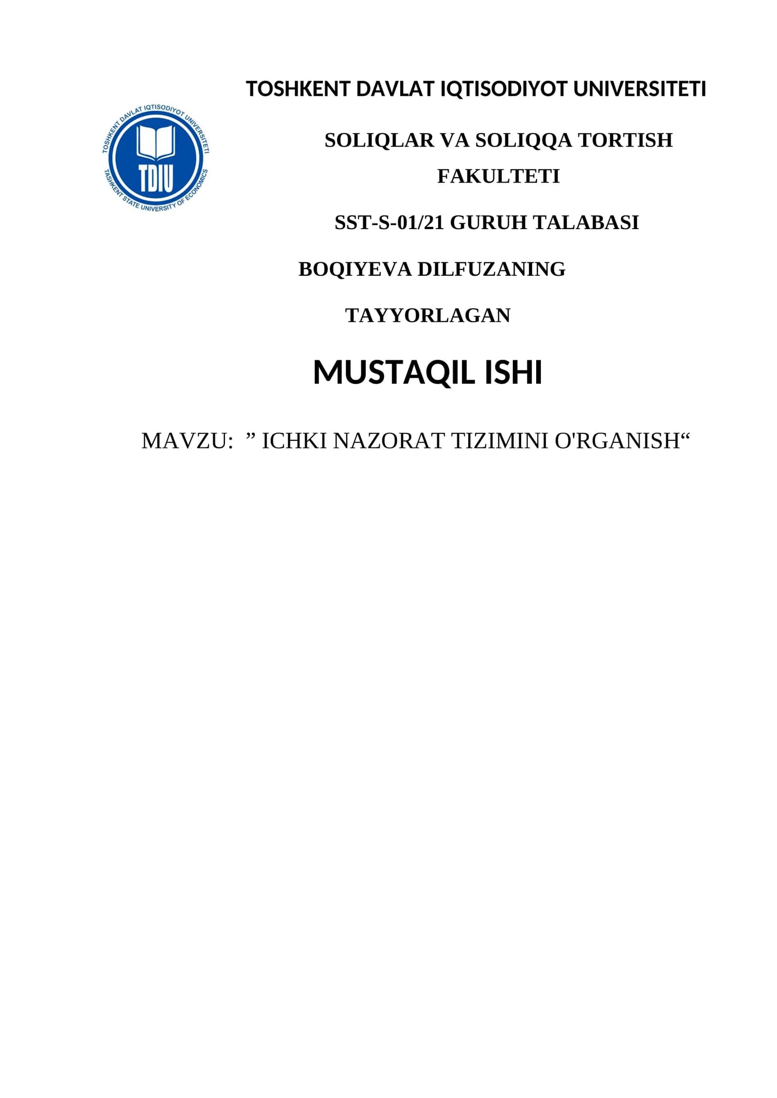 ICHKI NAZORAT TIZIMINI O'RGANISH 1