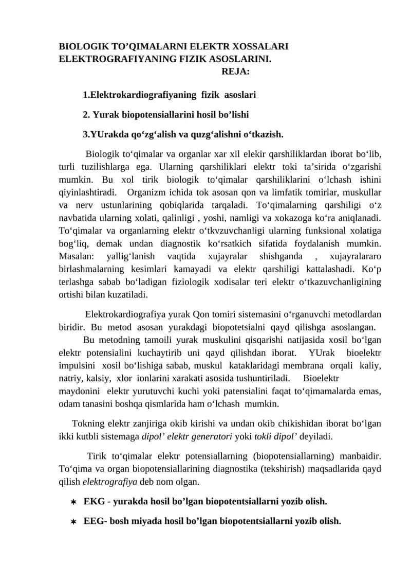 Biologik To'qimalarni Elektr Xossalari Elektrografiyaning Fizik Asoslari 1