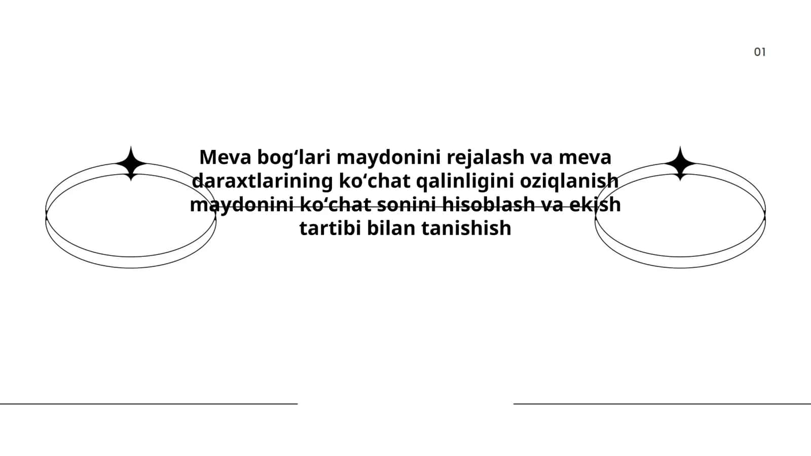 Meva bogʻlari maydonini rejalash va meva daraxtlarining koʻchat qalinligini oziqlanish maydonini koʻchat sonini hisoblash va ekish tartibi bilan tanishish 1