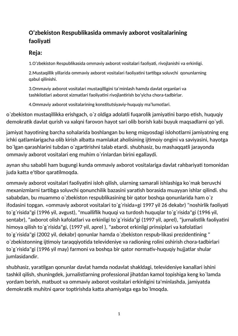 O‘zbekiston Respublikasida ommaviy axborot vositalarining faoliyati 1