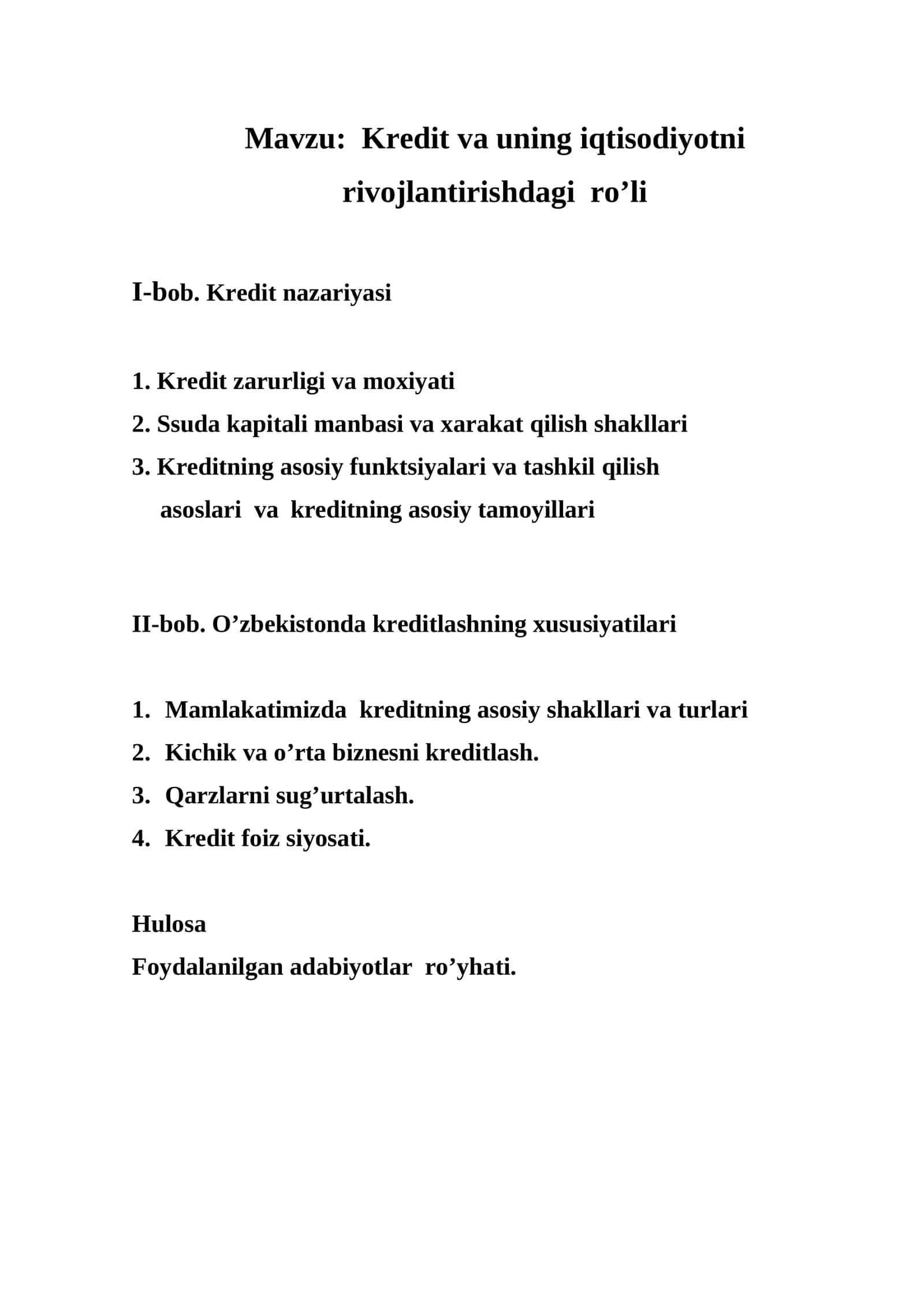 Kredit va uning iqtisodiyotni rivojlantirishdagi ro’li 1