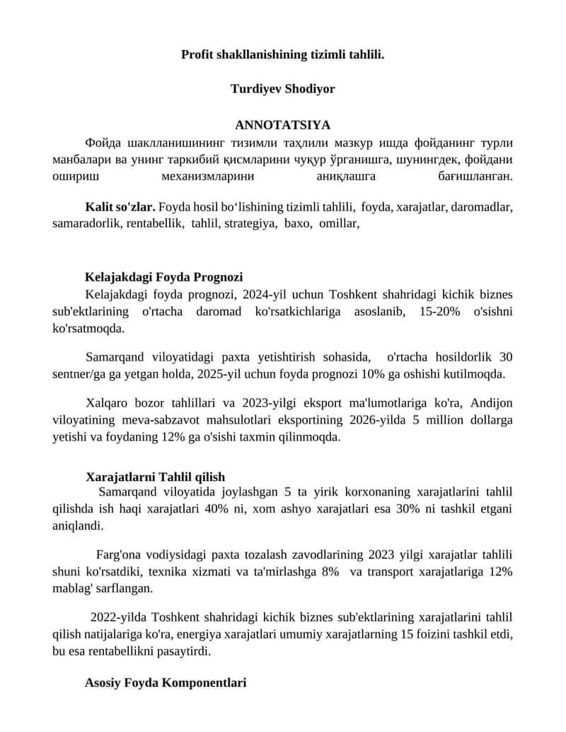 Profit shakllanishining tizimli tahlili 1
