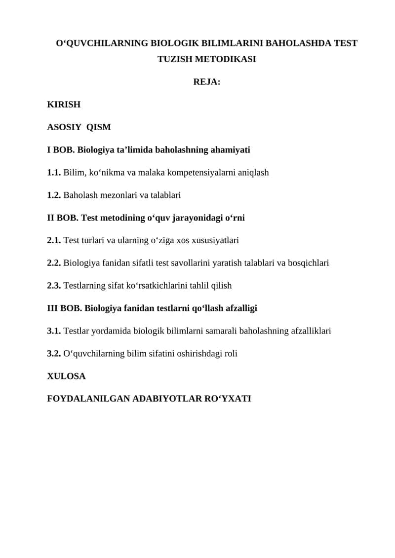 O‘QUVCHILARNING BIOLOGIK BILIMLARINI BAHOLASHDA TEST TUZISH METODIKASI 1