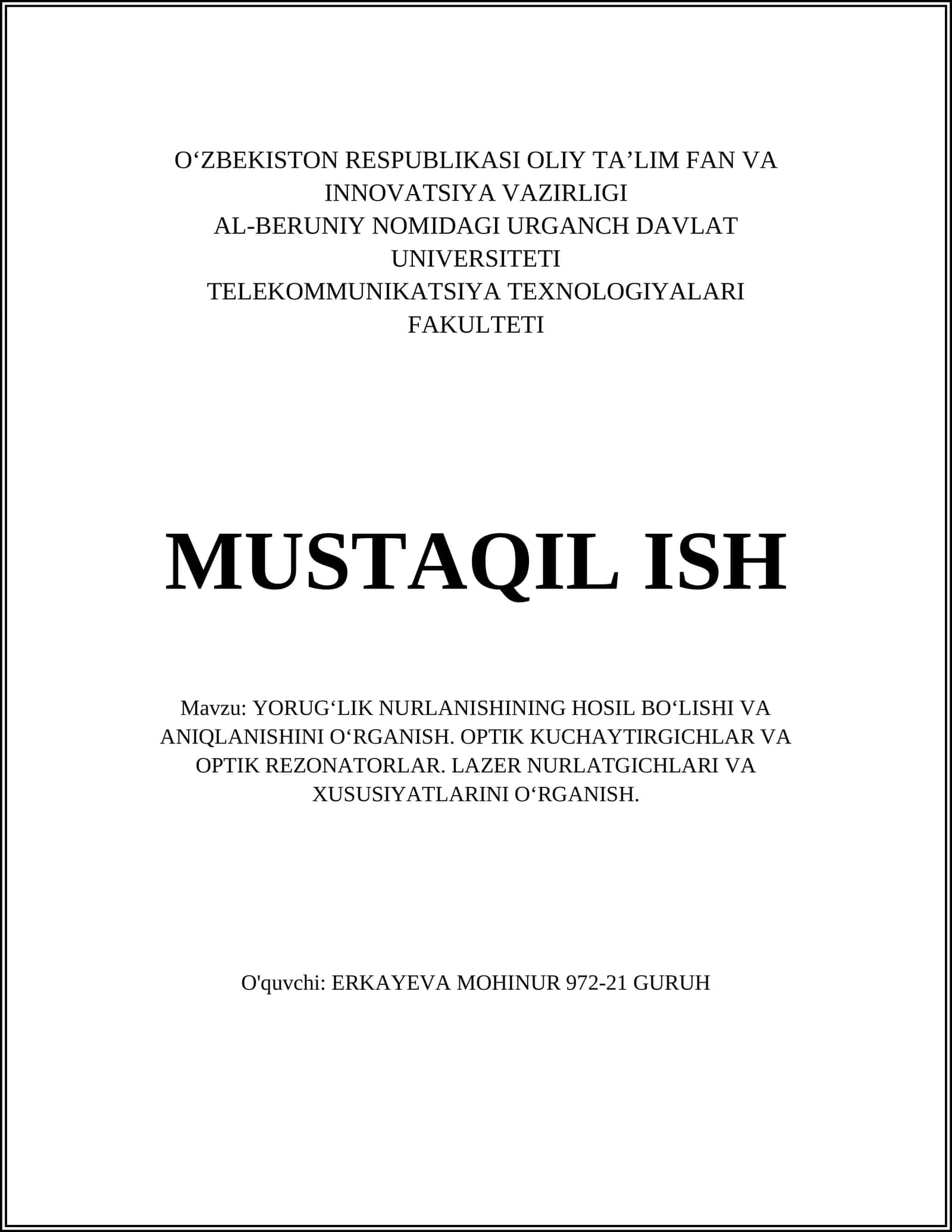 YORUG‘LIK NURLANISHINING HOSIL BO‘LISHI VA ANIQLANISHINI O‘RGANISH 1