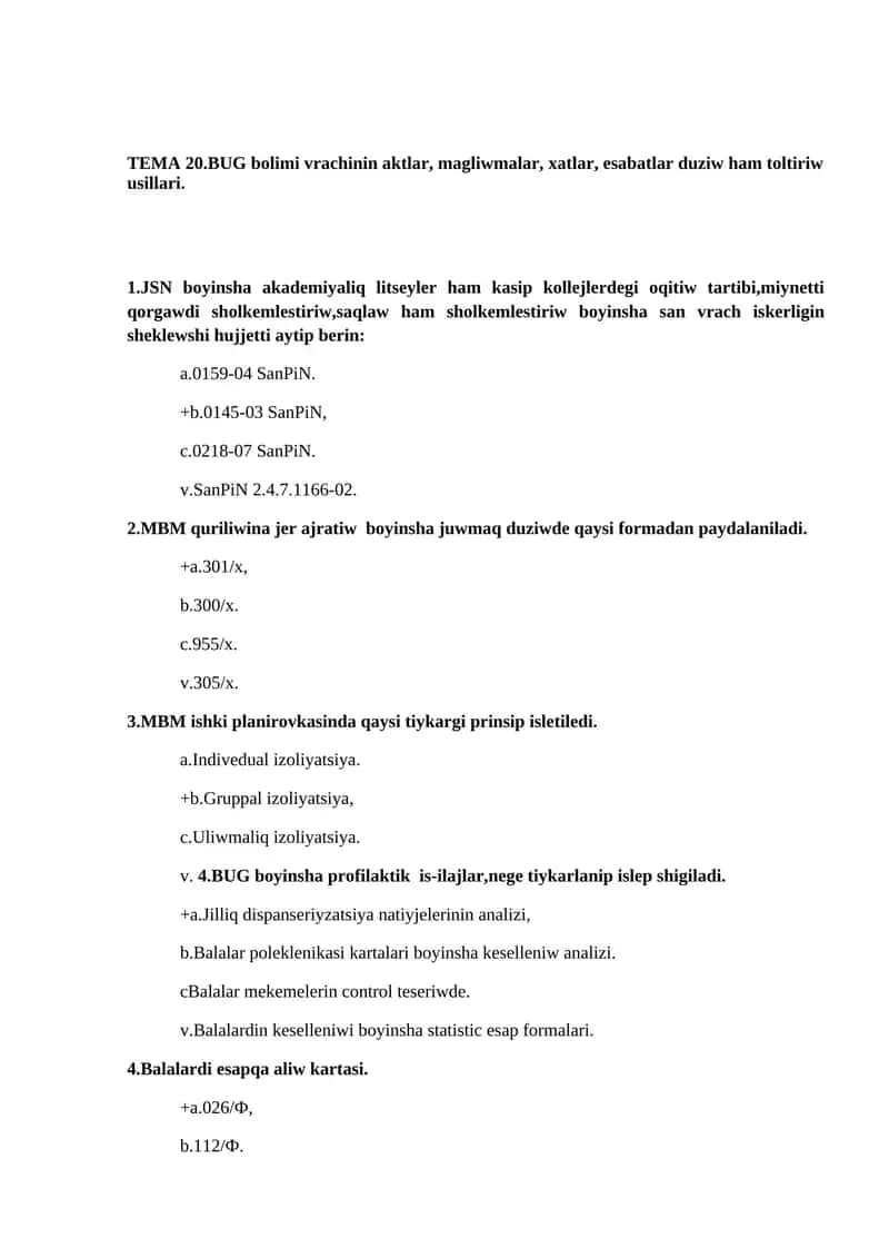 TEMA 20.BUG bolimi vrachinin aktlar, magliwmalar, xatlar, esabatlar duziw ham toltiriw usillari 1
