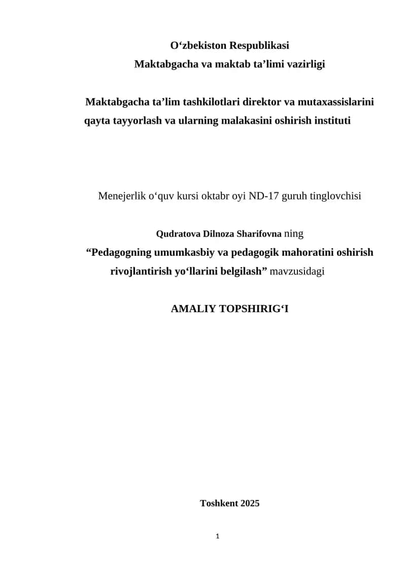 Pedagogning umumkasbiy va pedagogik mahoratini oshirish rivojlantirish yoʻllarini belgilash 1