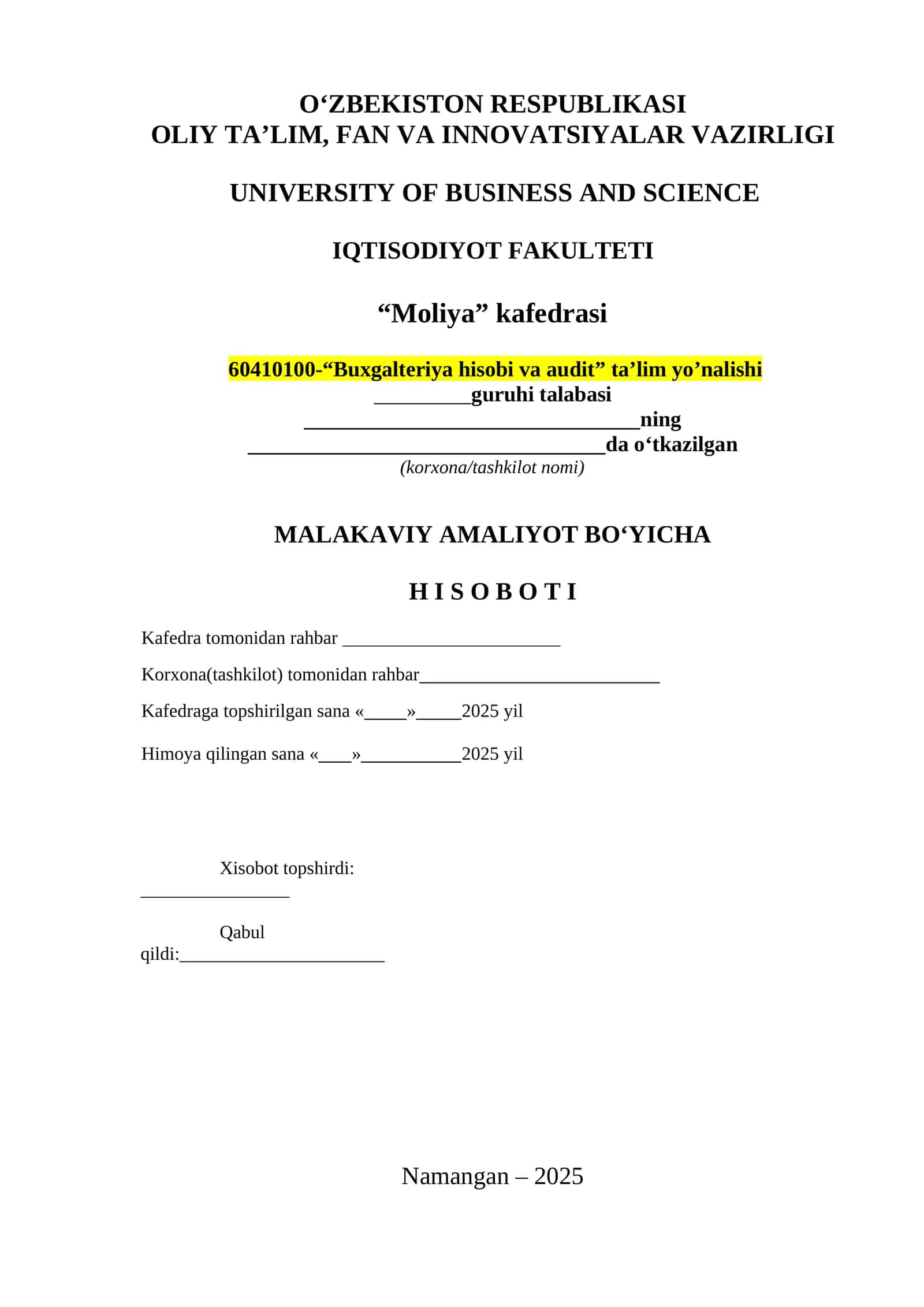 MALAKAVIY AMALIYOT BO‘YICHA H I S O B O T I 1
