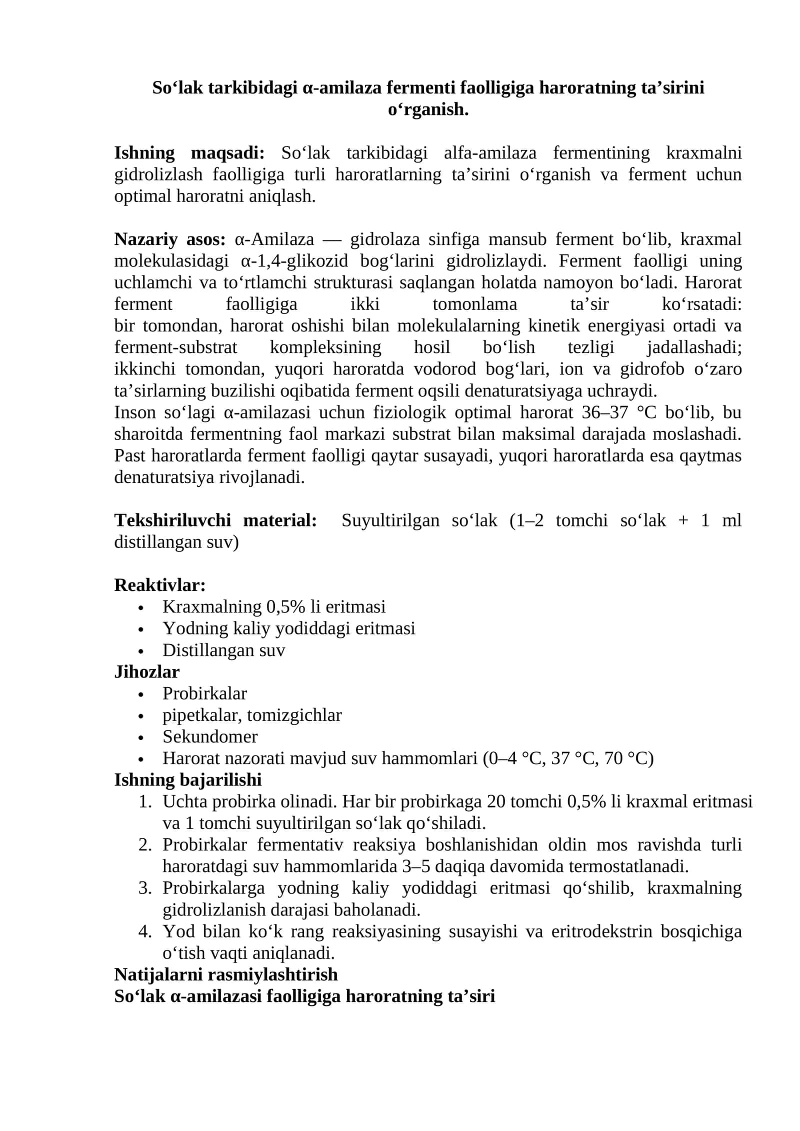 So‘lak tarkibidagi α-amilaza fermenti faolligiga haroratning ta’sirini o‘rganish 1
