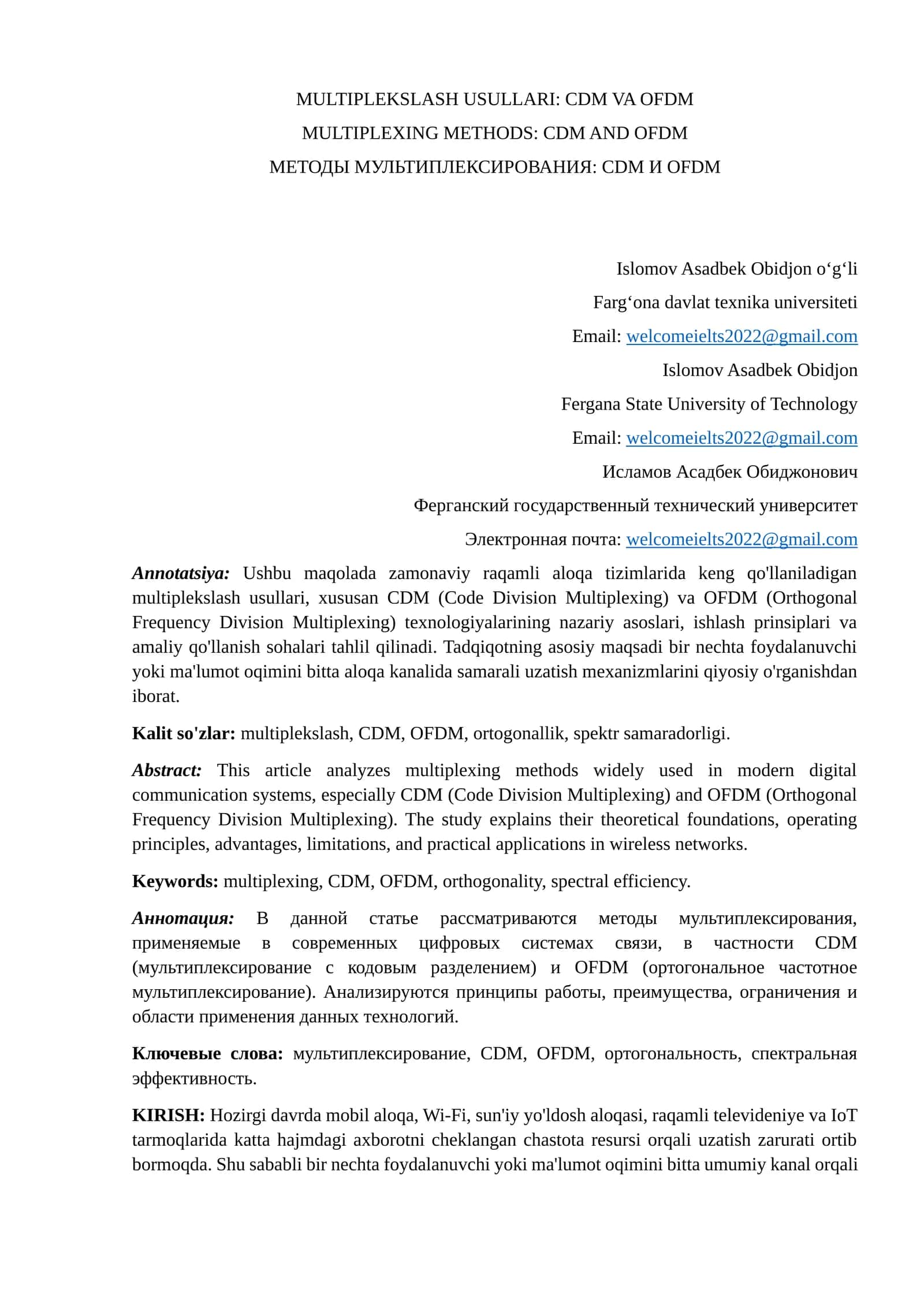 MULTIPLEKSLASH USULLARI: CDM VA OFDM 1