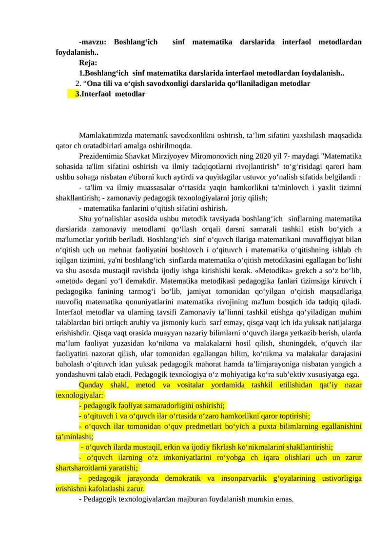 Boshlang‘ich sinf matematika darslarida interfaol metodlardan foydalanish 1