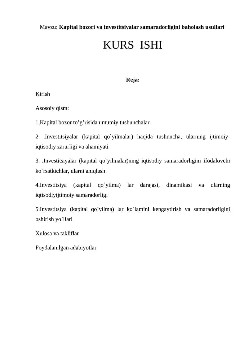 Kapital bozori va investitsiyalar samaradorligini baholash usullari. 1
