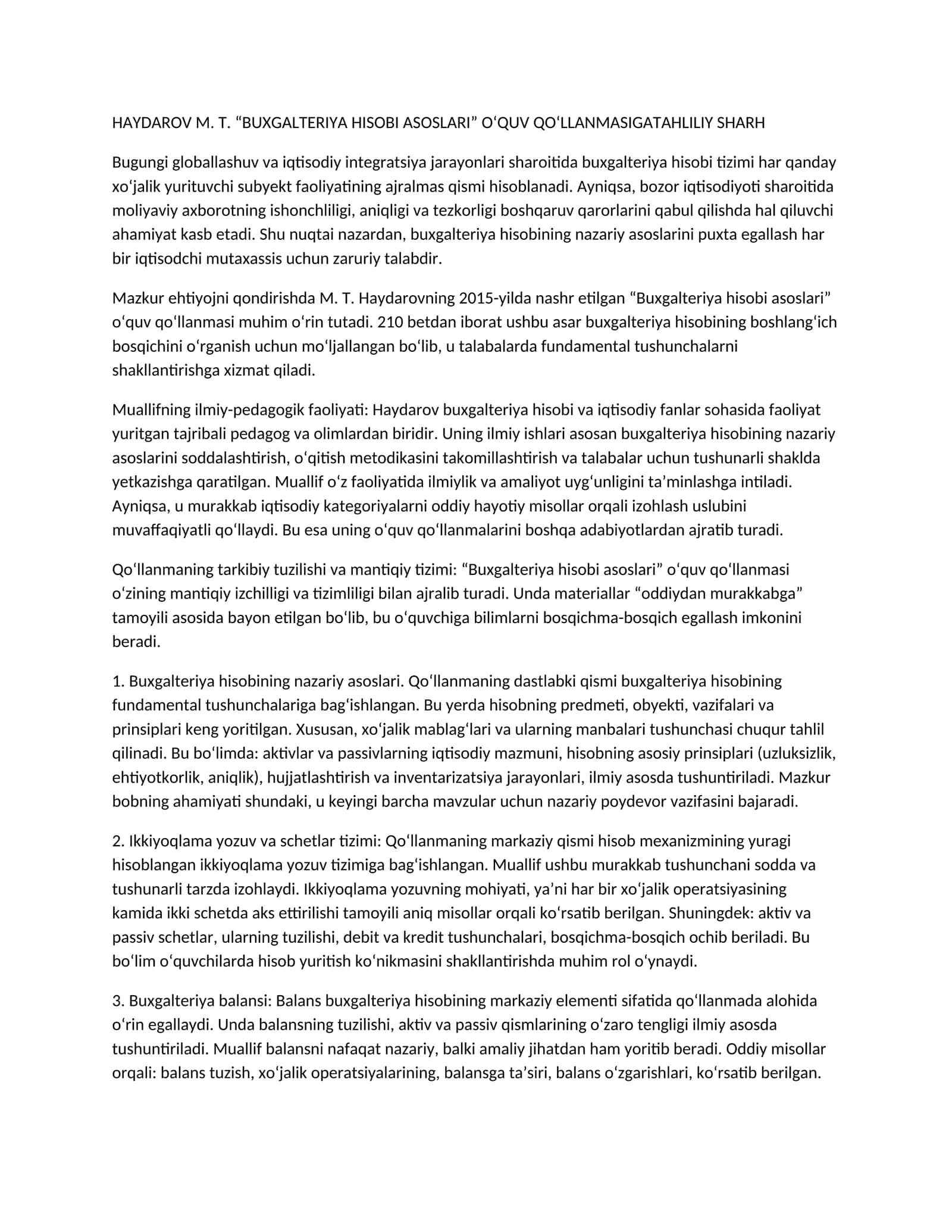 HAYDAROV M. T. “BUXGALTERIYA HISOBI ASOSLARI” O‘QUV QO‘LLANMASIGA TAHLILIY SHARH 1