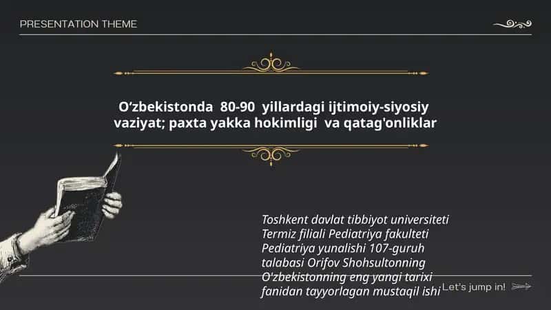 Oʻzbekistonda 80-90 yillardagi ijtimoiy-siyosiy vaziyat; paxta yakka hokimligi va qatag'onliklar 1