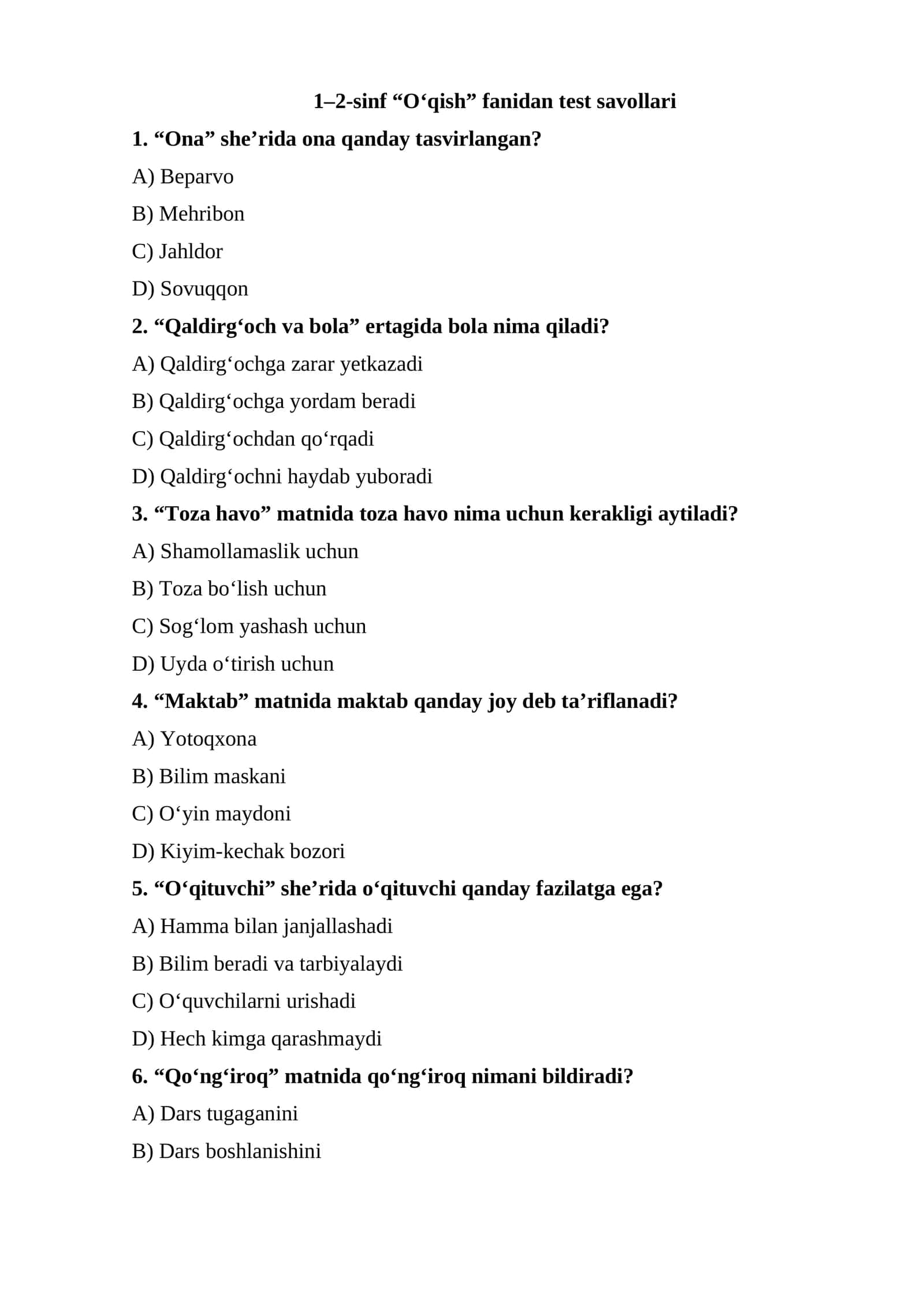1–2-sinf “O‘qish” fanidan test savollari 1