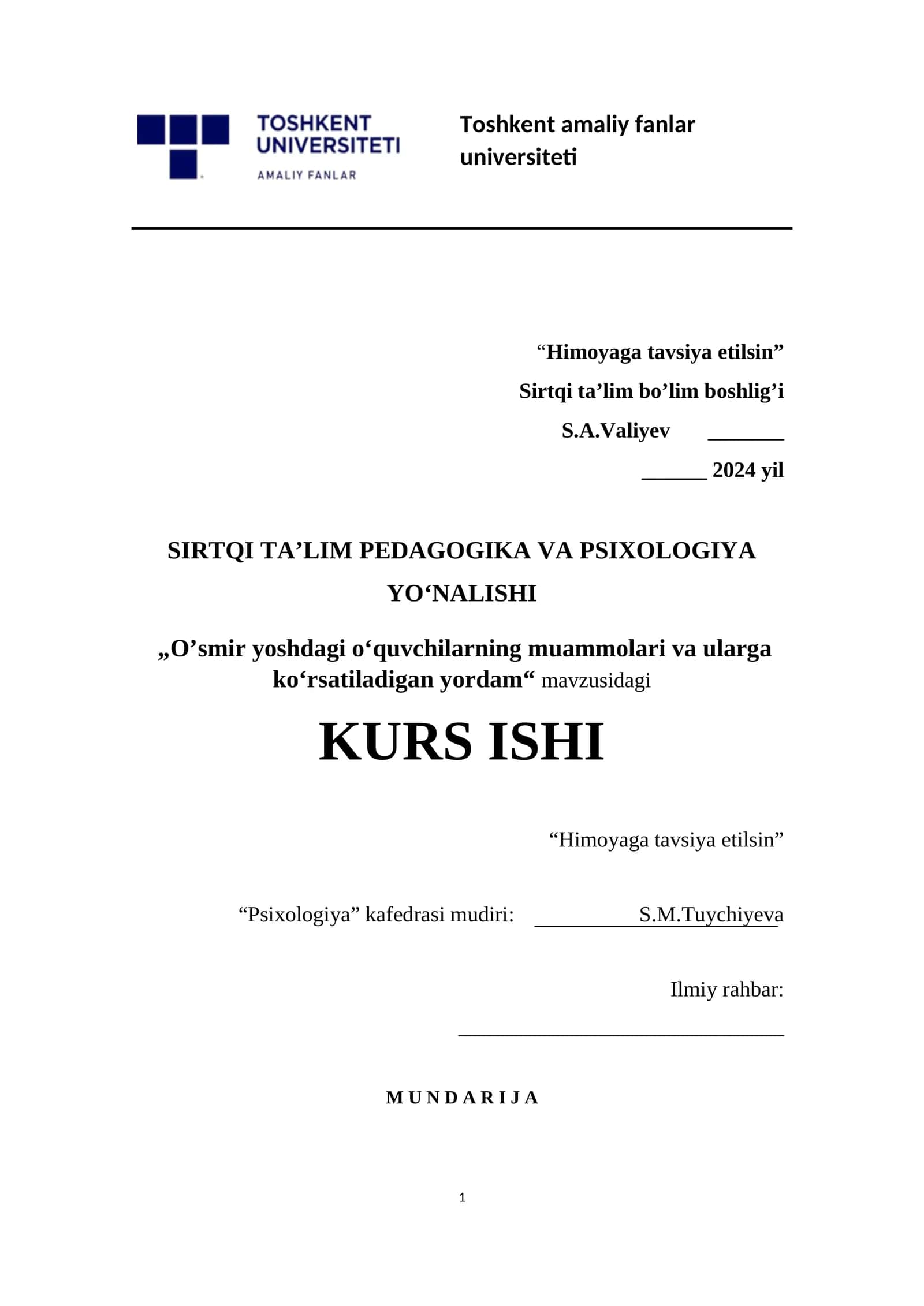 O‘smlir yoshdagi o‘quvchilarning muammolari va ularga ko‘rsatiladigan yordam KURS ISHI 1