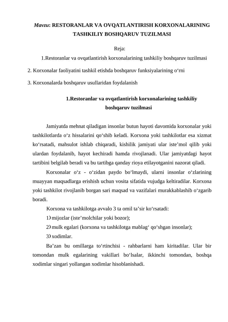 RESTORANLAR VA OVQATLANTIRISH KORXONALARINING TASHKILIY BOSHQARUV TUZILMASI 1