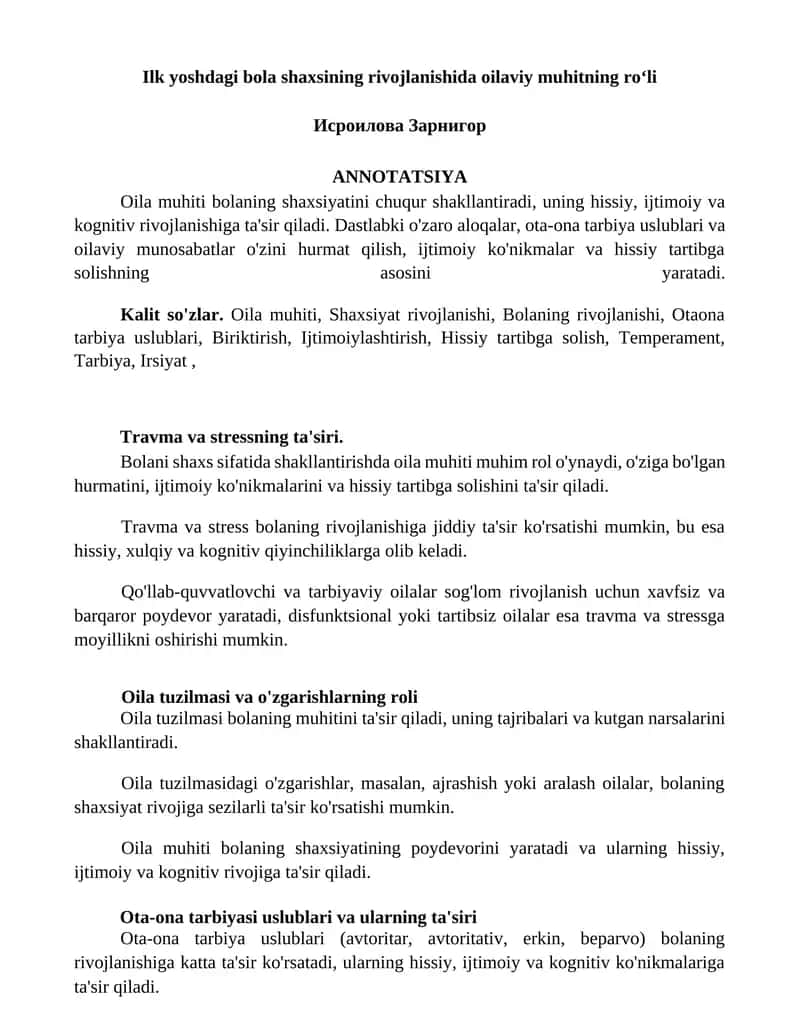 Ilk yoshdagi bola shaxsining rivojlanishida oilaviy muhitning roʻli 1