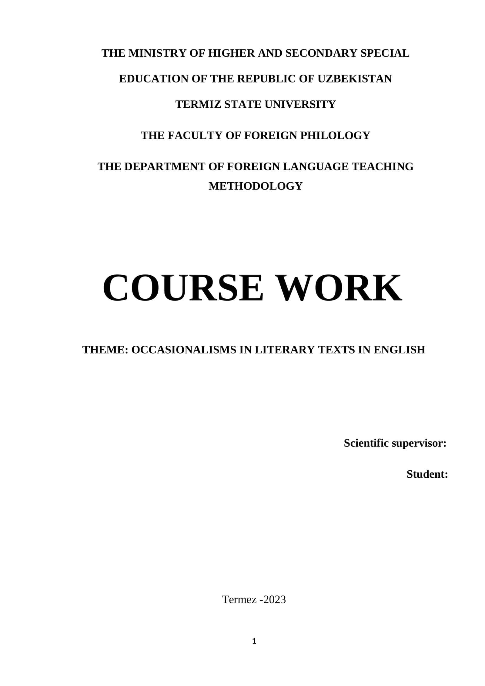 COURSE WORK: occasionalisms in literary texts in English 1